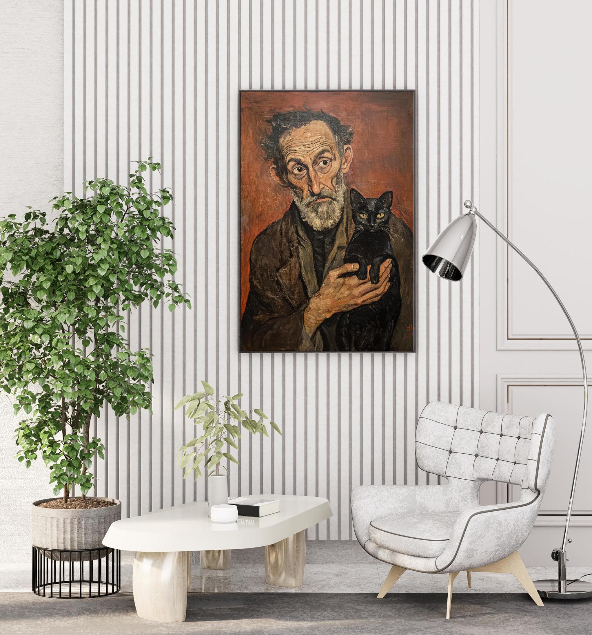 Vintage Oil Painting – Old Man and Black Cat Portrait, Rustic Oil Art Poster, Oil Painting Print, Antique Oil Art Print, Vintage Style Art - view 6