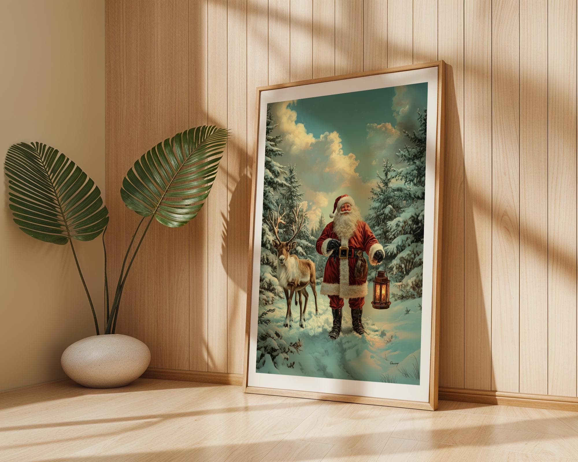 Santa Claus and Reindeer in a Snowy Forest - Winter Christmas Wall Art Print, Nostalgic Christmas Wall Decor, Christmas Wall Art, Santa Art - view 7