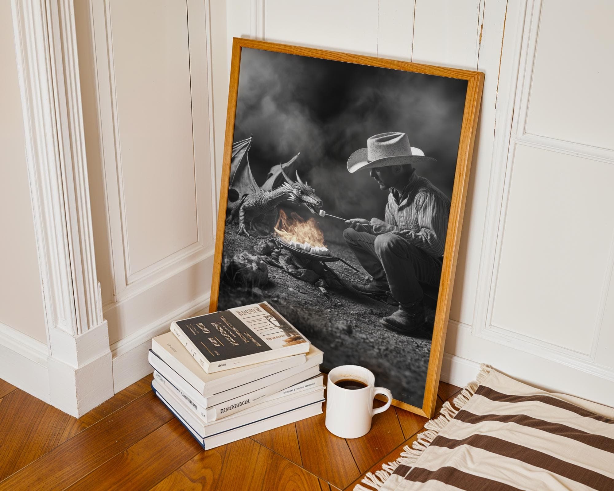 Cowboy and Dragon Campfire Fantasy Wall Art in Black and White Surreal Western Dragon Print, Fantasy Western Dragon Campfire Poster - view 5