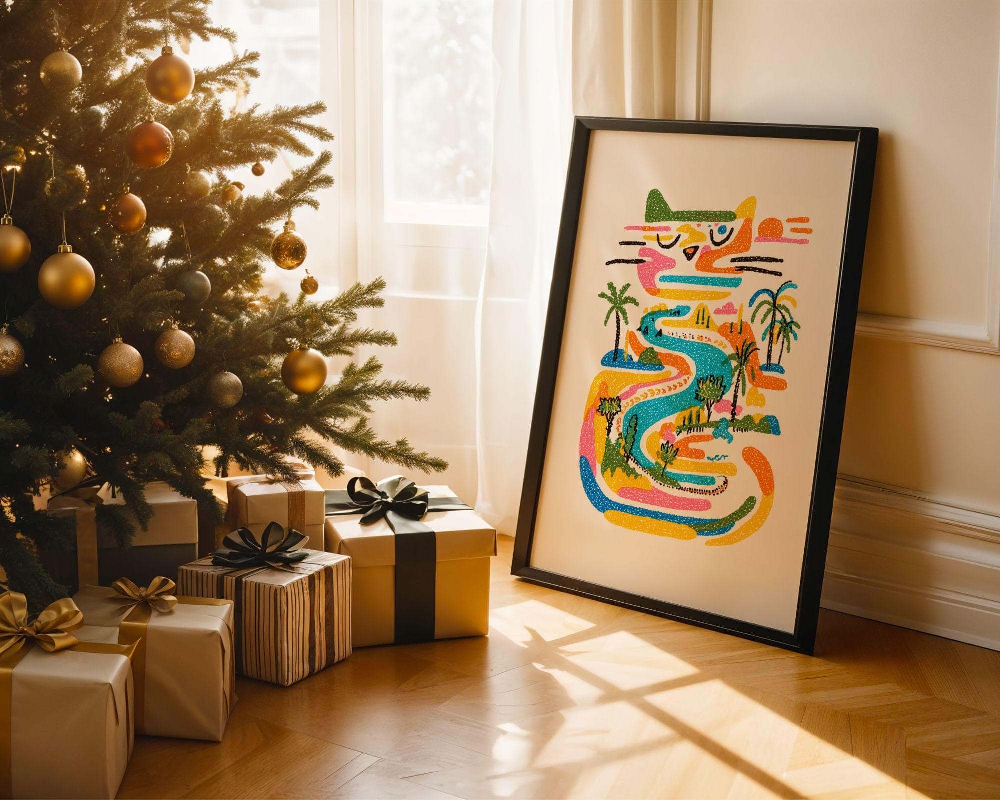 Tropical Cat River Art Print, Colorful Crayon Style (Digital Download) - view 6