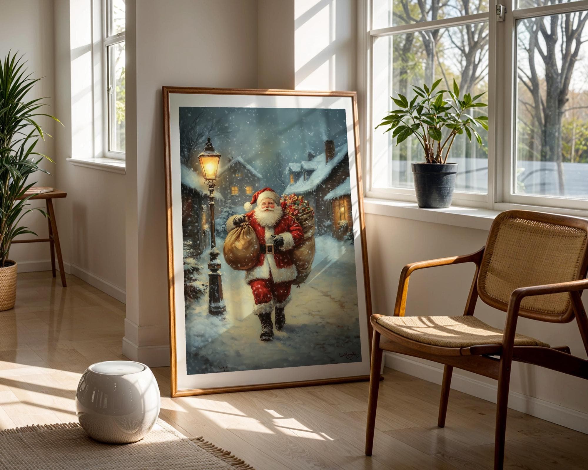 Santa Claus Wall Art, Vintage Christmas Santa Claus Canvas, Digital Download, Holiday Wall Art, Cozy Snow Wall Art, Classic Santa Painting - view 5