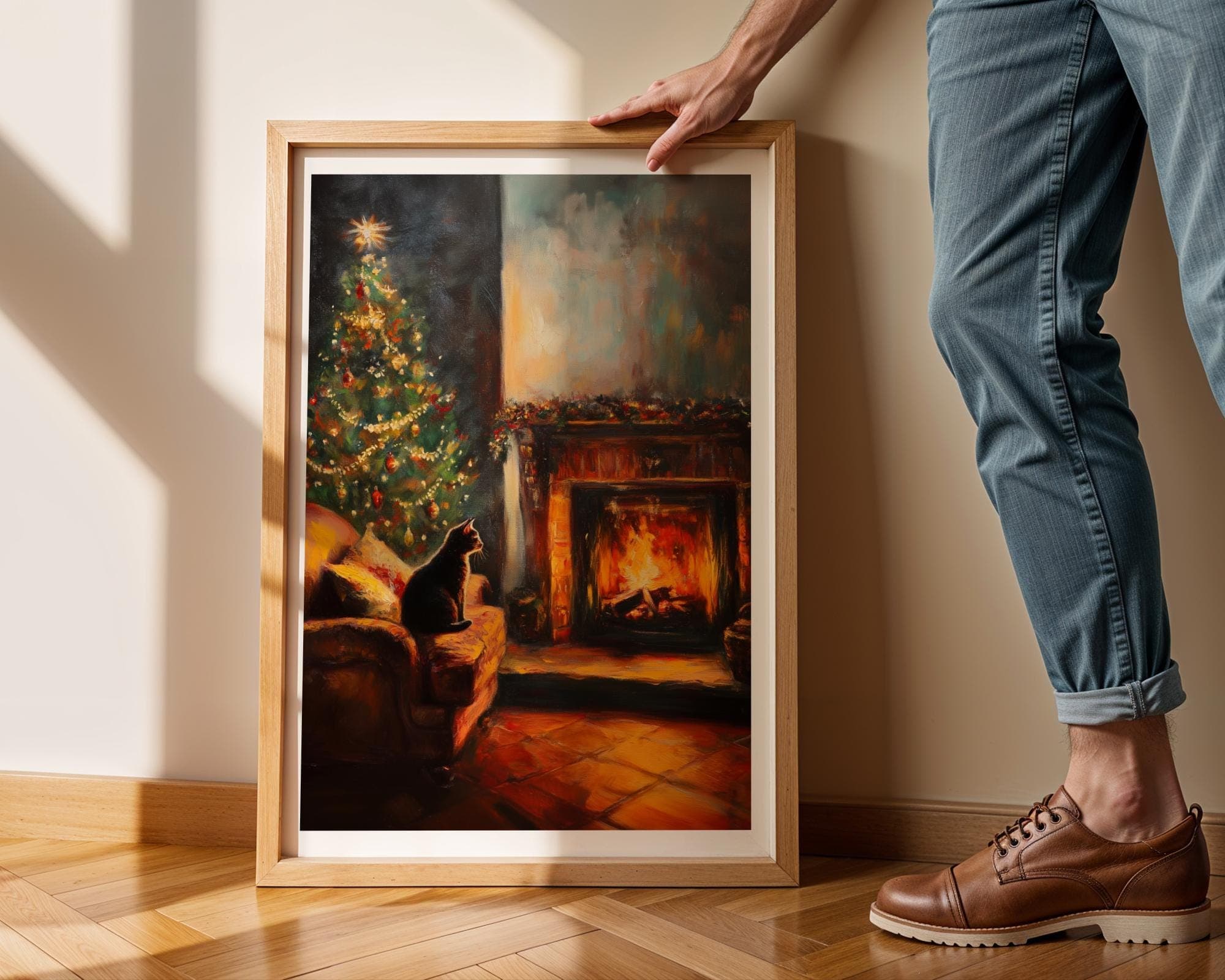 Rustic Christmas Wall Art, Christmas Animal Wall Art, Digital Download, Winter Holiday Art Print, Warm Holiday Prints, Black Cat Fireplace - view 7