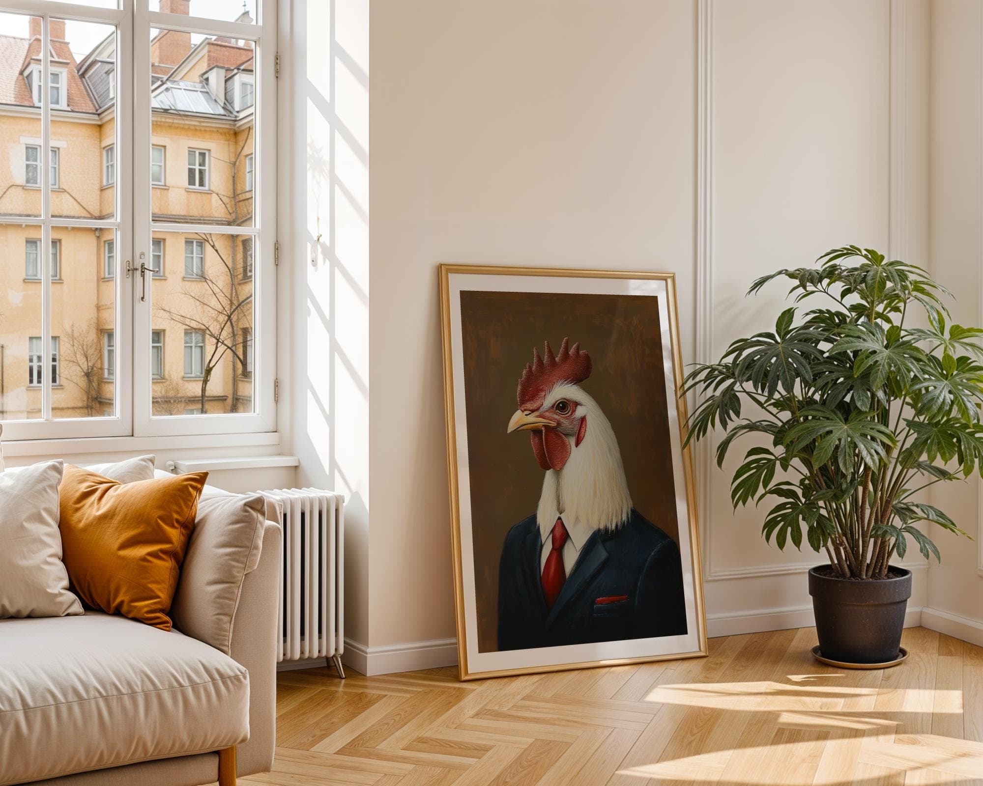 Funny Chicken Portrait, Rustic Digital Print, Quirky Farm Decor, Rooster Poster, Chicken Printable Wall Art, Brown Background Animal Print - view 4