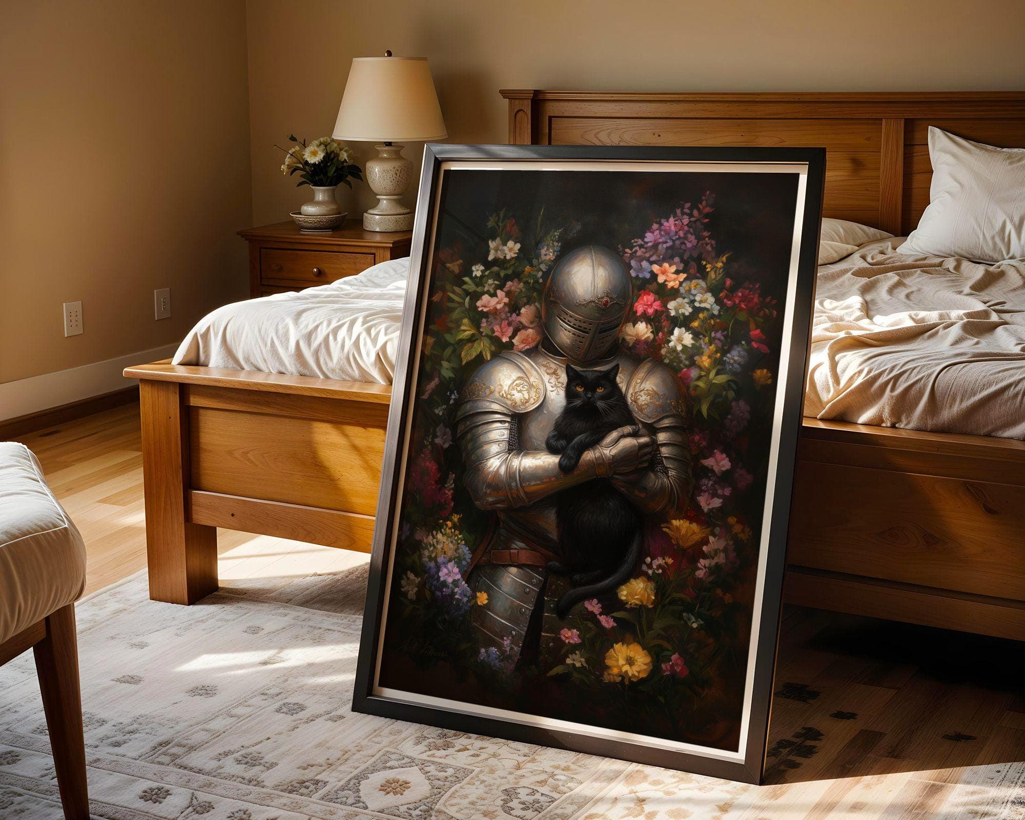 Medieval Knight and Black Cat Painting, Medieval Fantasy Painting, Fantasy Art, Whimsical Cat Decor, Digital, Maximalist, Floral Art Decor - view 3