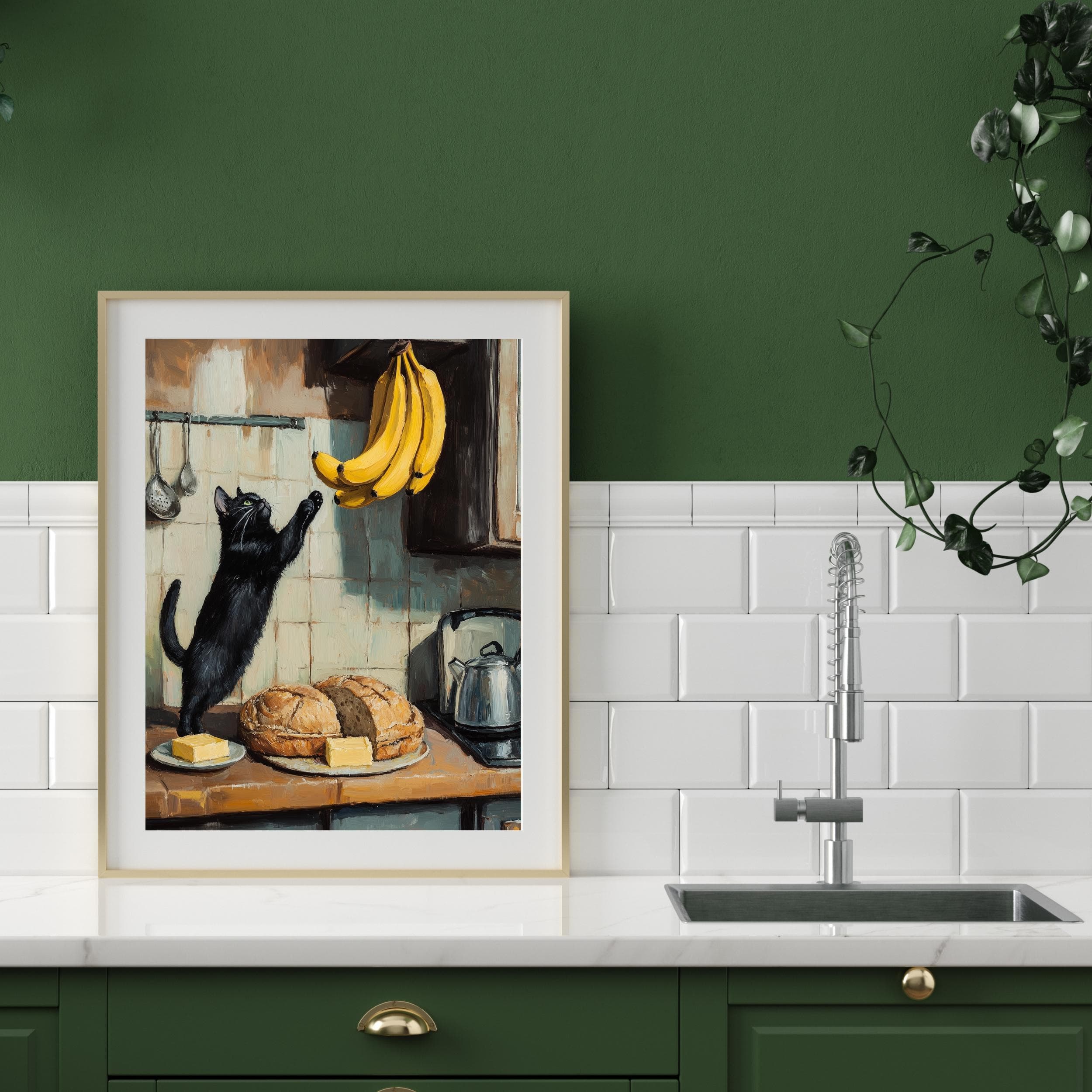 Vintage Black Cat in Kitchen – Whimsical Wall Art, Playful Black Cat Kitchen Art, Perfect Cat Lover Gift, Black Cat and Bananas Wall Art - view 5