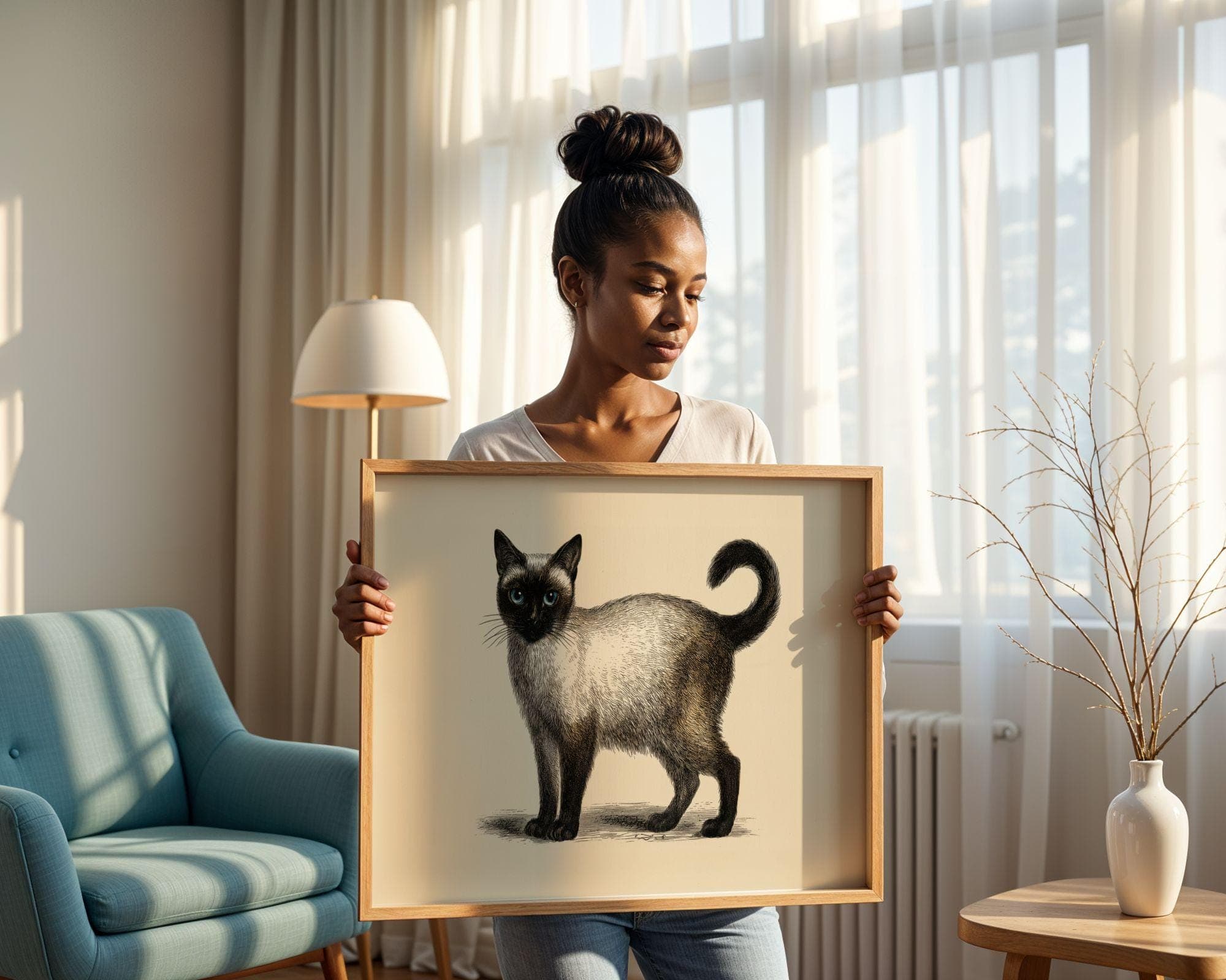 Siamese Cat Print, Vintage Cat Poster, Line Art Siamese Cat, Sepia Beige Wall Print, Minimal Cat Decor, Cat Lover Gift, Digital Animal Art - view 3