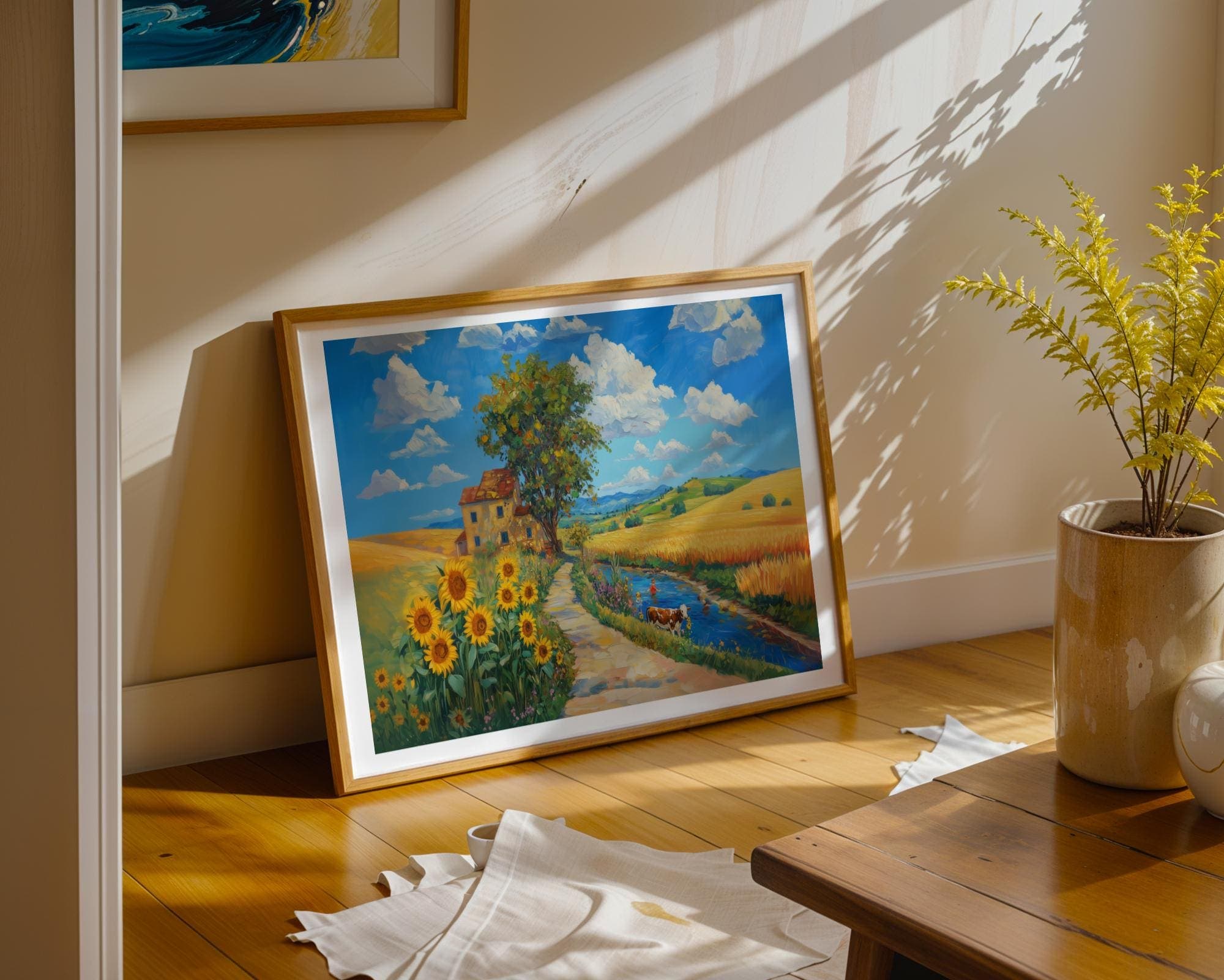 Sunflower Field Country Landscape Wall Art, River and Cow Summer Painting, Rustic Farmhouse Print for Kitchen or Cottage Style Decor - view 3