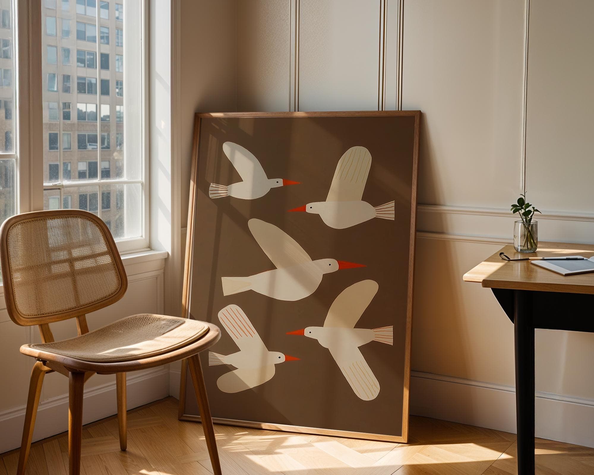 Flying Birds Wall Art, Modern Minimalist Seagull Print, Seagull Wall Art, Brown Background Bird Illustration Decor, Rustic Flying Bird Print - view 2