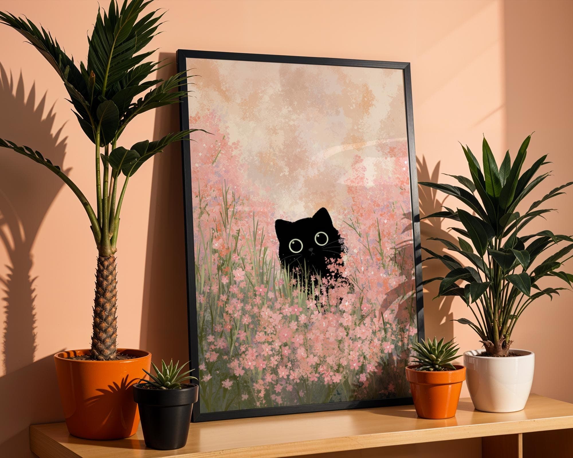 Black Cat in Pink Flower Field, Whimsical Animal Art, Floral Cat Wall Art, Black Cat Art Print, Whimsical Black Cat Painting, Black Cat Art - view 5