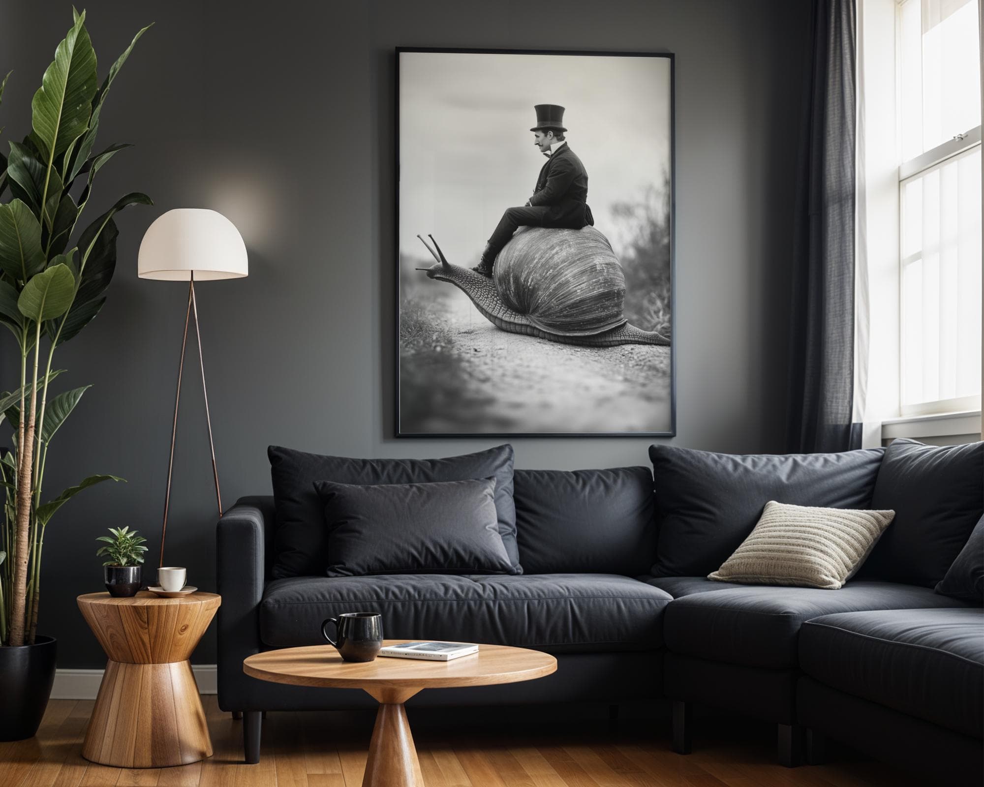 Victorian Gentleman on Giant Snail Wall Art, Surrealist Black and White Fantasy Wall Art, Weird Whimsical Art, Monochrome Surreal Decor - view 6