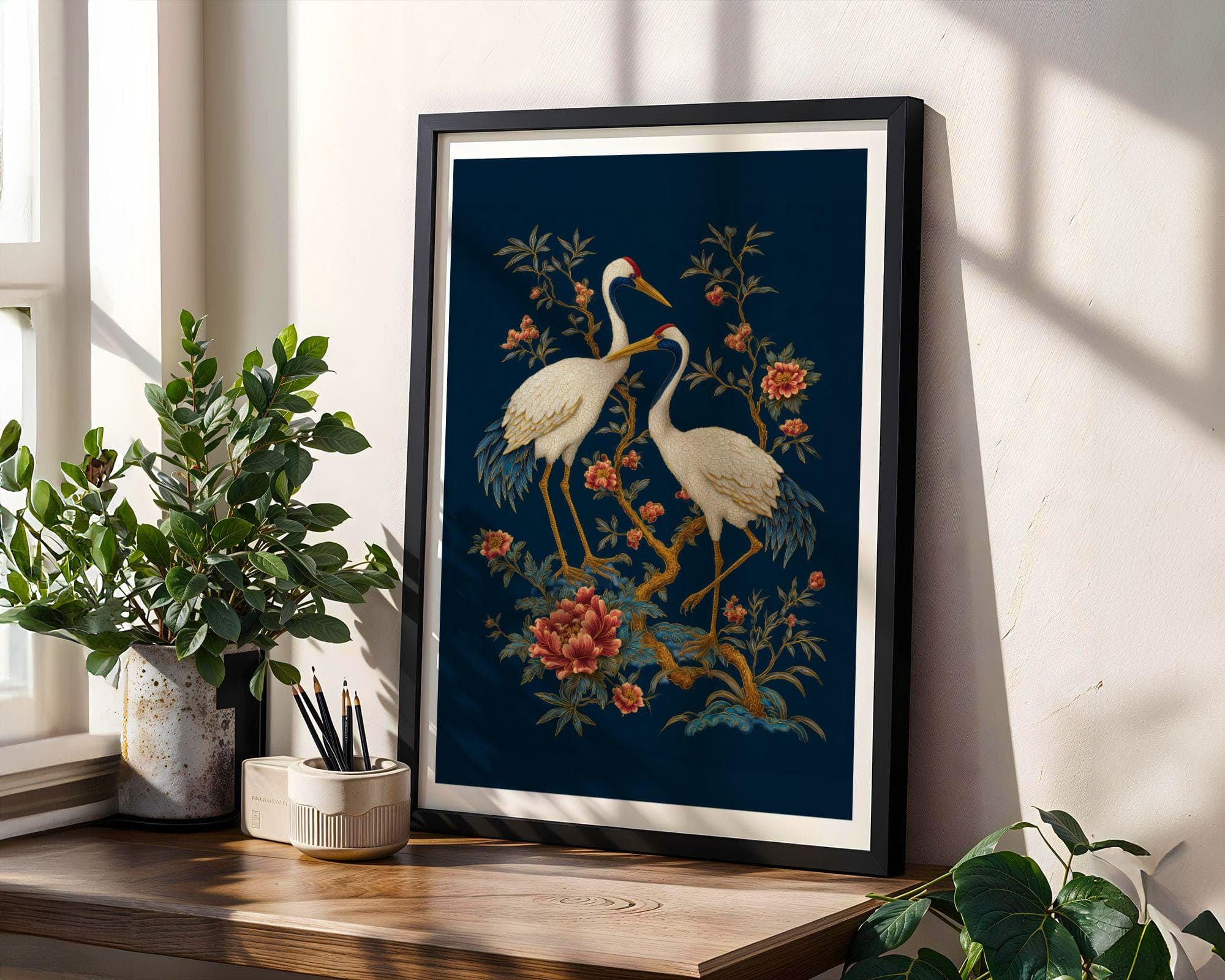 Gold Crane Wall Art Blue Oriental Decor, Japanese Crane Wall Art Print, Gold Asian Bird Painting, Oriental Floral Decor, Japandi Crane Art - view 4