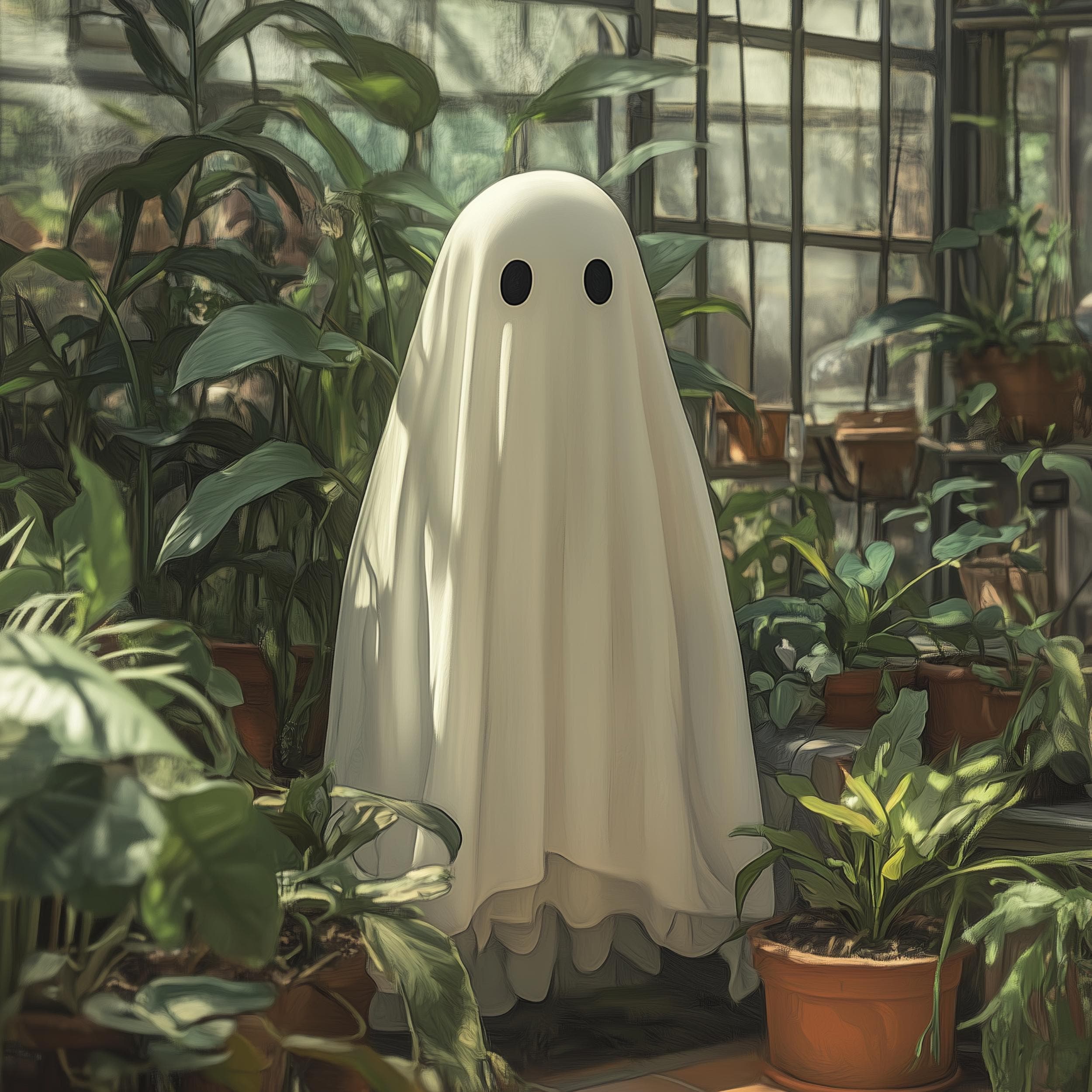 Ghost in Heathouse, Moody Plants and Ghost Painting, Cottagecore Ghost Art Print, Halloween Poster Home Decor, Whimsical Halloween Wall Art - view 2