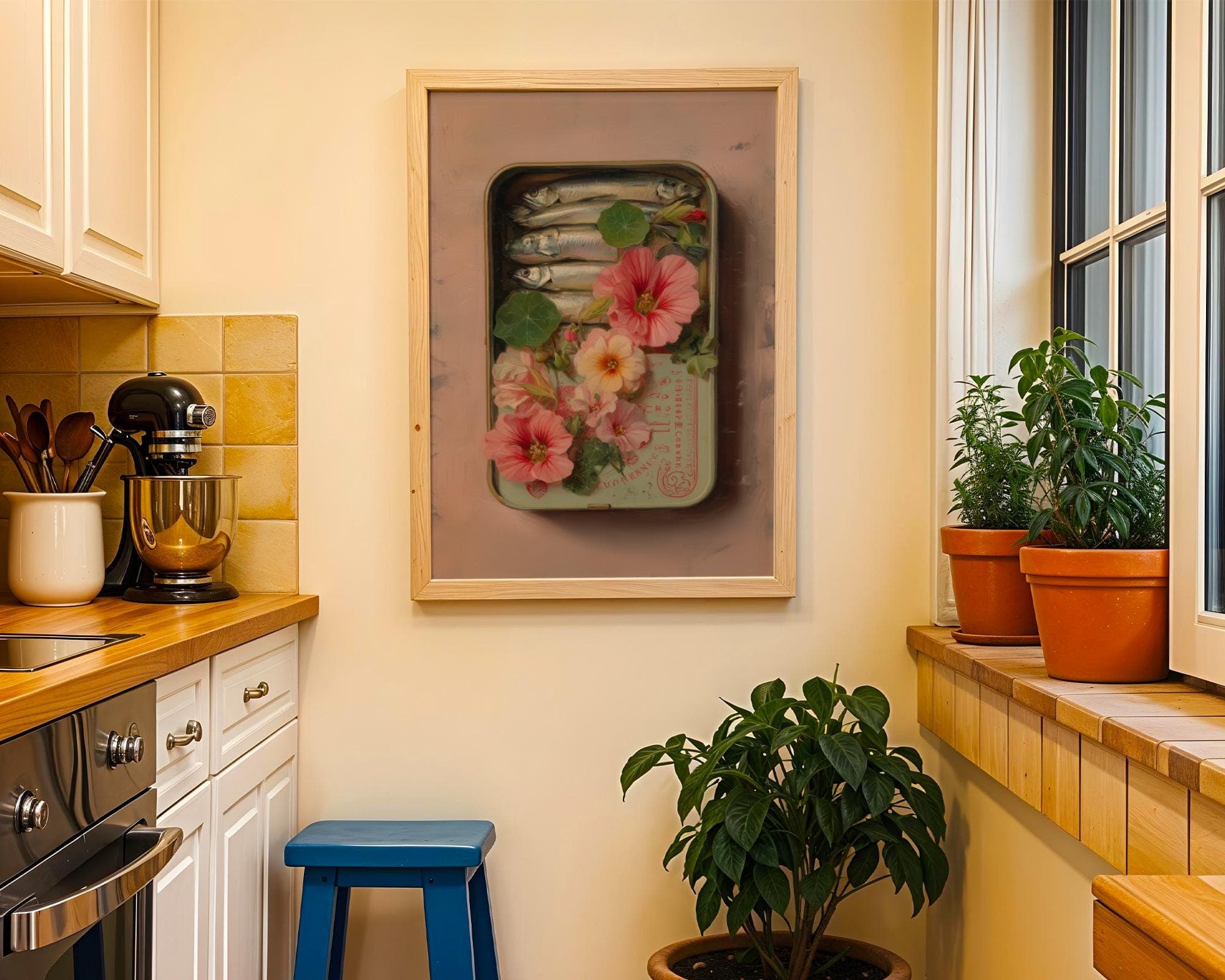 Vintage Sardine Tin Art, Retro Kitchen Wall DΓ©cor Print, Floral Sardine Tin, Colorful Sardines Art, Painting Sardines, Digital Download - view 4