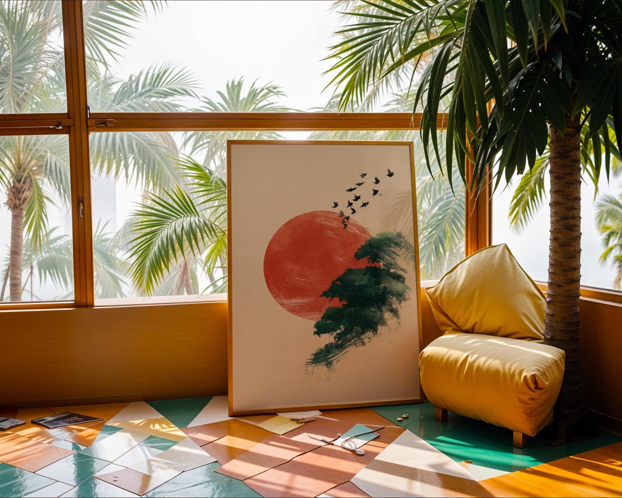Japandi Minimalist Wall Art | Red Sun and Flying Birds Print | Zen Nature Landscape Painting for Modern Home Decor, Modern Oriental Art - view 7