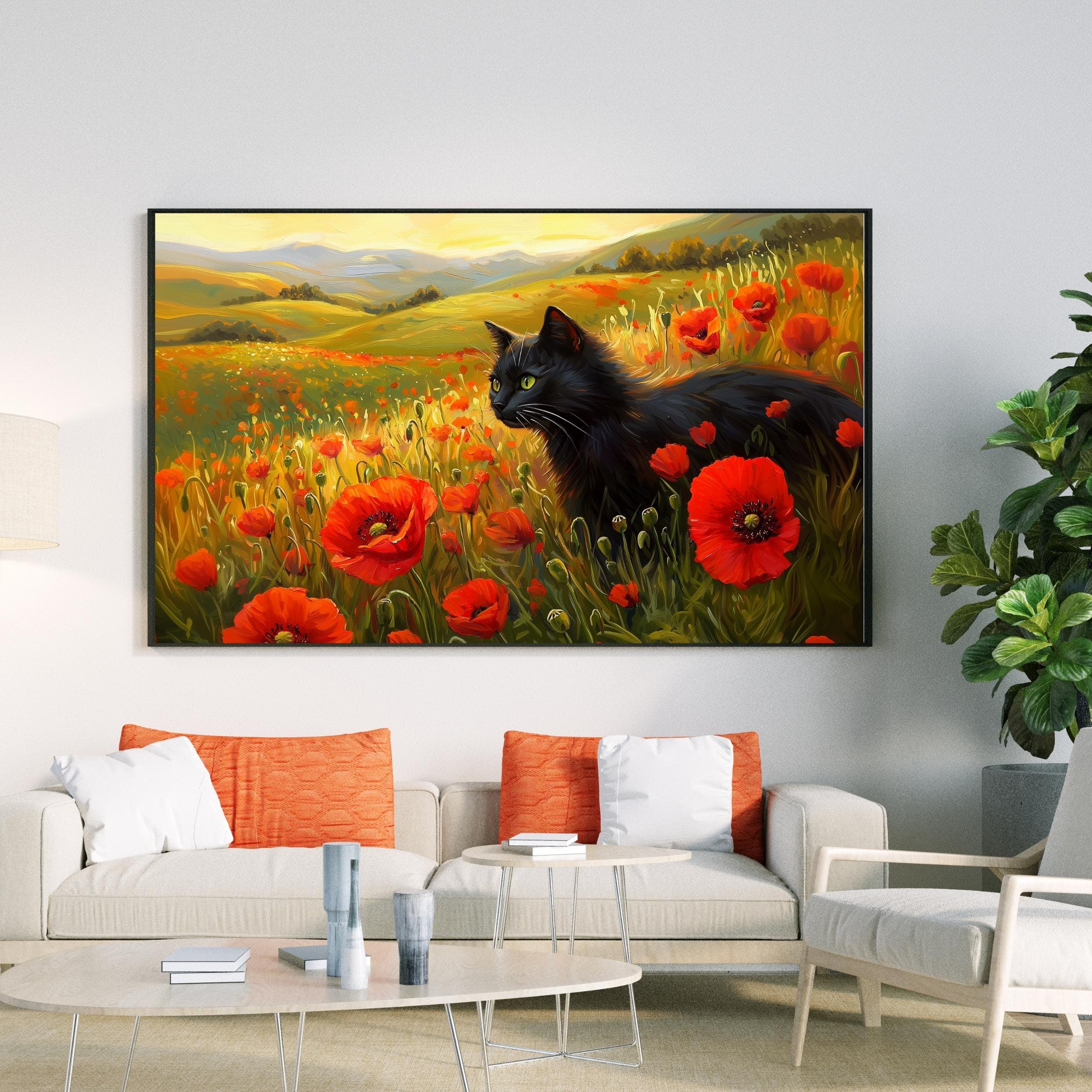 Black Cat Floral Art, Vintage Black Cat Printable Wall Art, Colorful Animal Landscape Wall Art, Unframed, Digital Wall Art, Black Cat Poster - view 4