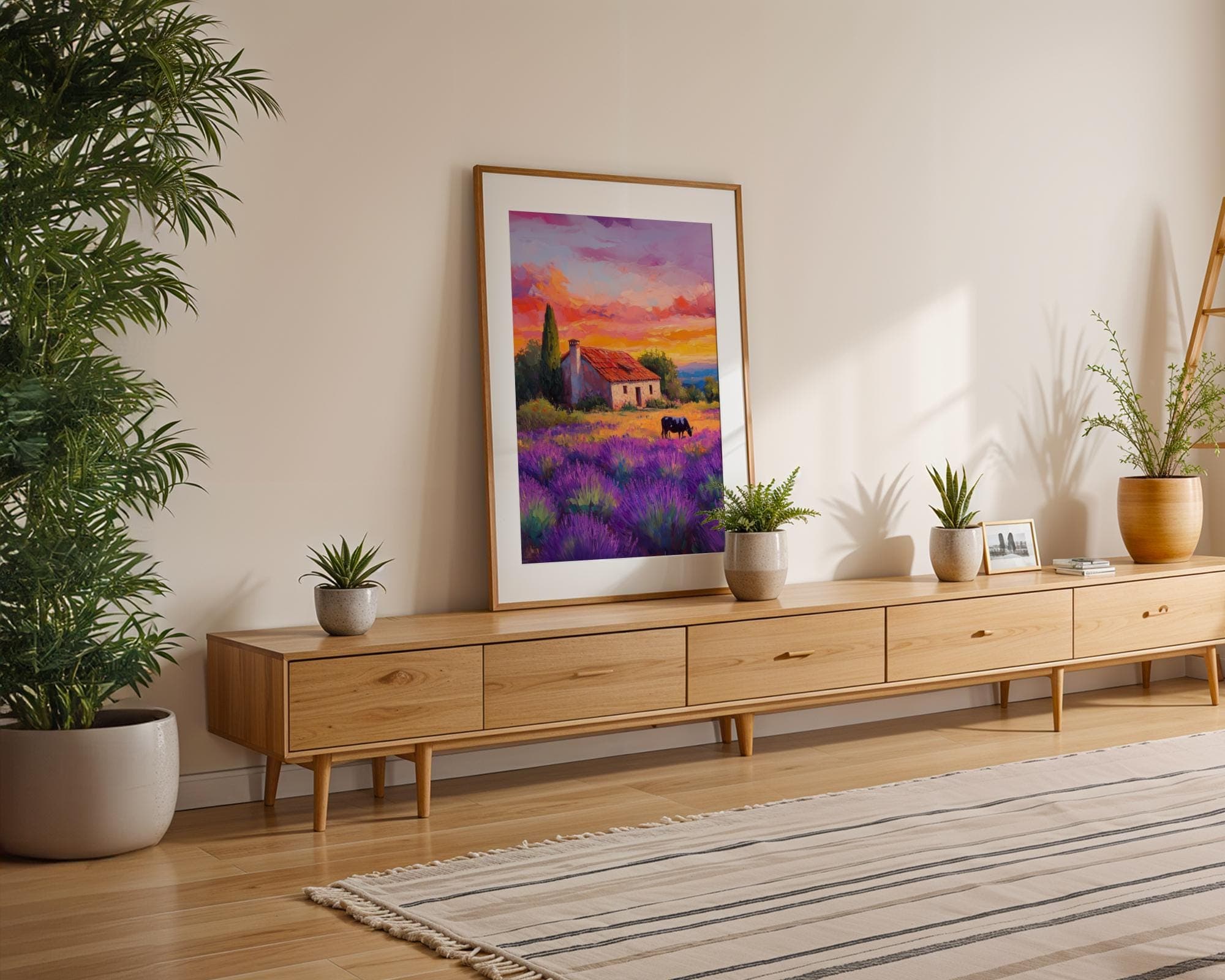 Lavender Field Wall Art, Farmhouse and Cow in Lavender Fields, Country Wall Art, Sunset Landscape Painting, Pastoral Provence Print, Digital - view 5