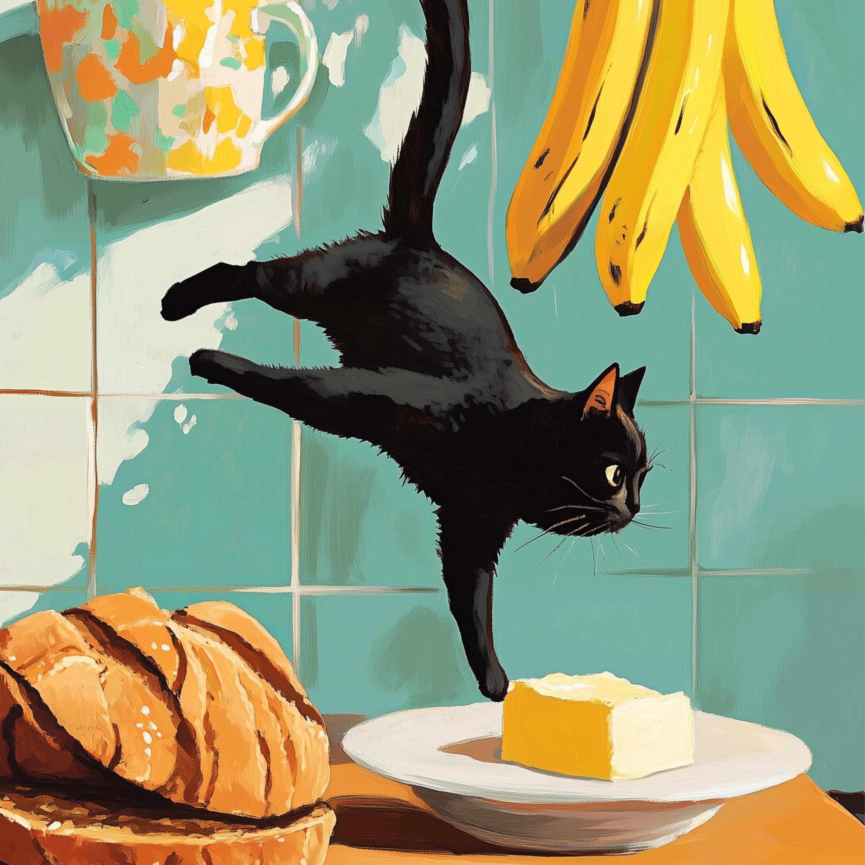 Colorful Kitchen Wall Print, Whimsical Cat Art Print, Colorful Kitchen Decor, Vintage Black Cat Kitchen Decor, Retro Kitchen Wall Art - view 2