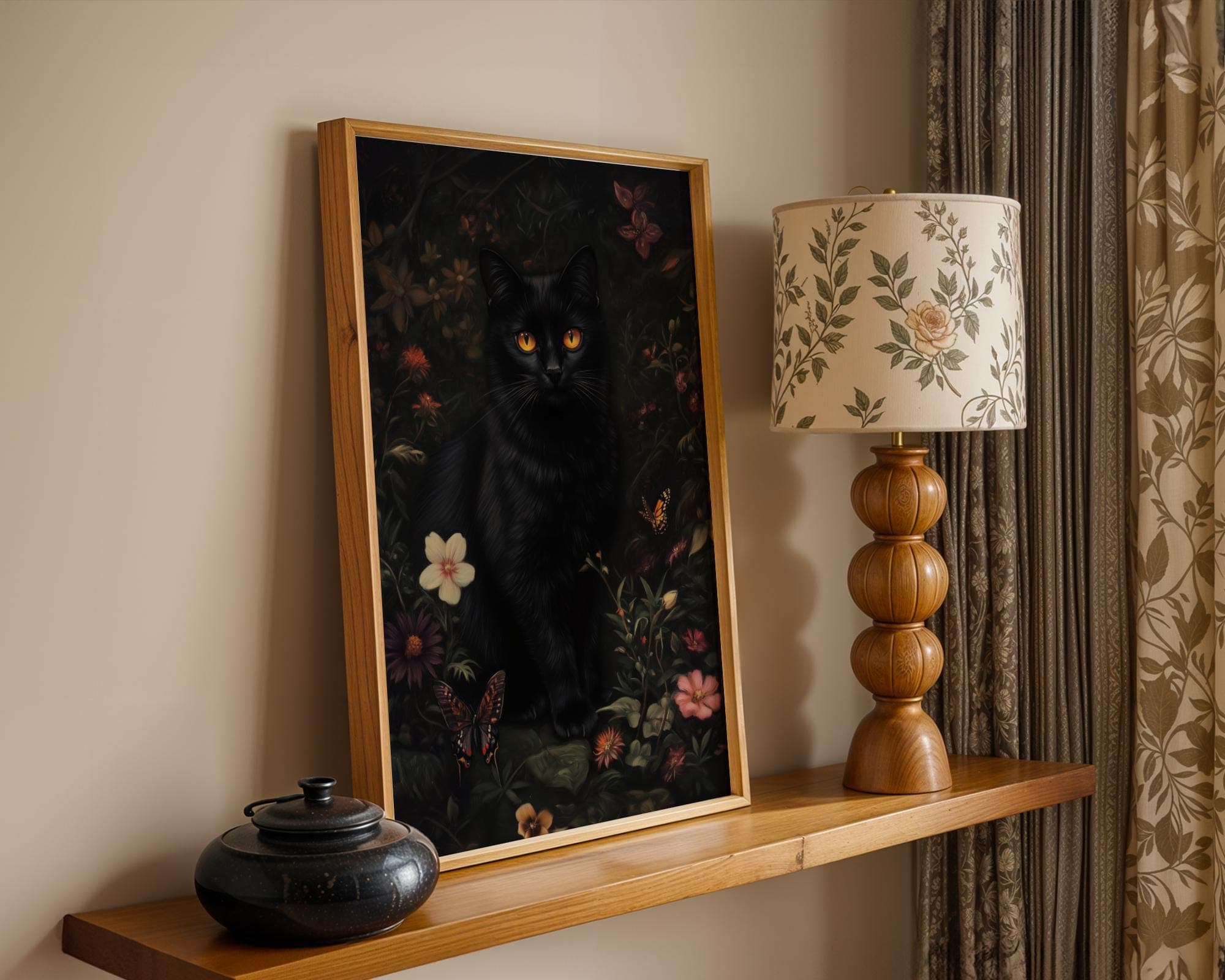 Floral Black Cat Print, Flower Cat Vintage Poster, Dark Academia Printable, Dark Cottagecore Decor, Gothic Oil Painting, Whimsical Black Cat - view 4