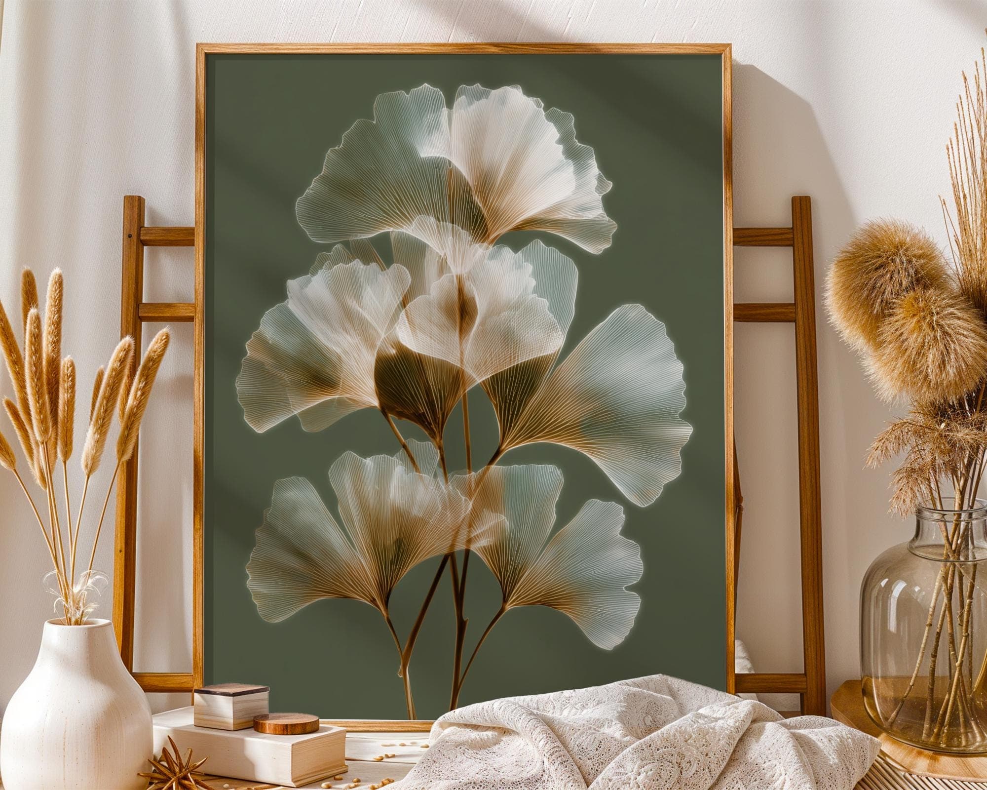 X Ray Ginkgo Leaf Wall Art Botanical Green Beige Radiograph Print Modern Minimal Nature Decor, Elegant Natural Art Print, Minimalist Floral - view 3