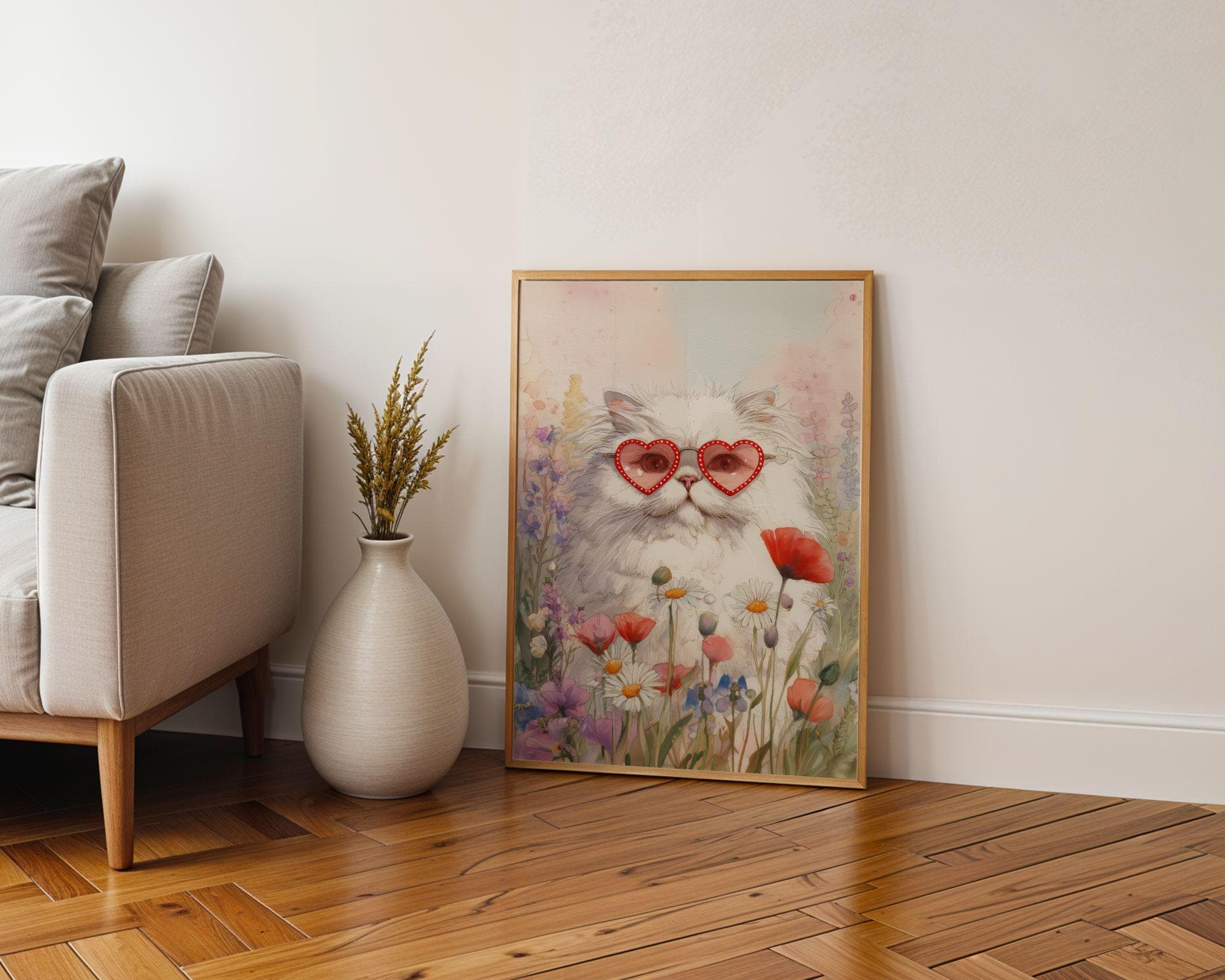 Cute Cat Wall Art Print, Watercolor White Cat in Heart Sunglasses, Floral Meadow, Pink Girly Decor, Cottagecore Cat Wall Art, Kidsroom Art - view 5
