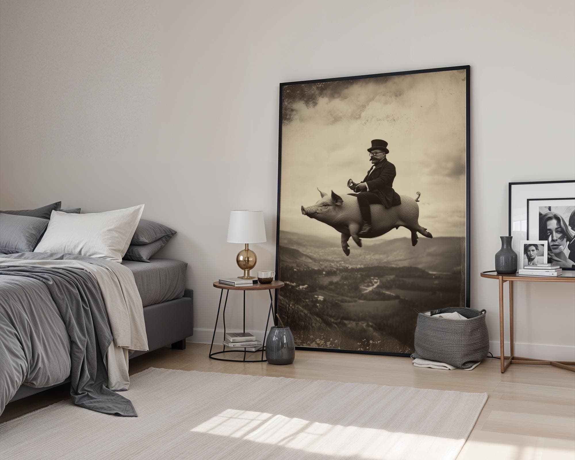 Flying Pig Wall Art – Surreal Vintage Gentleman Riding Pig Print, Digital Wall Art, Sepia Surreal Art, Retro Fantasy Wall Decor, Funny Pig - view 6