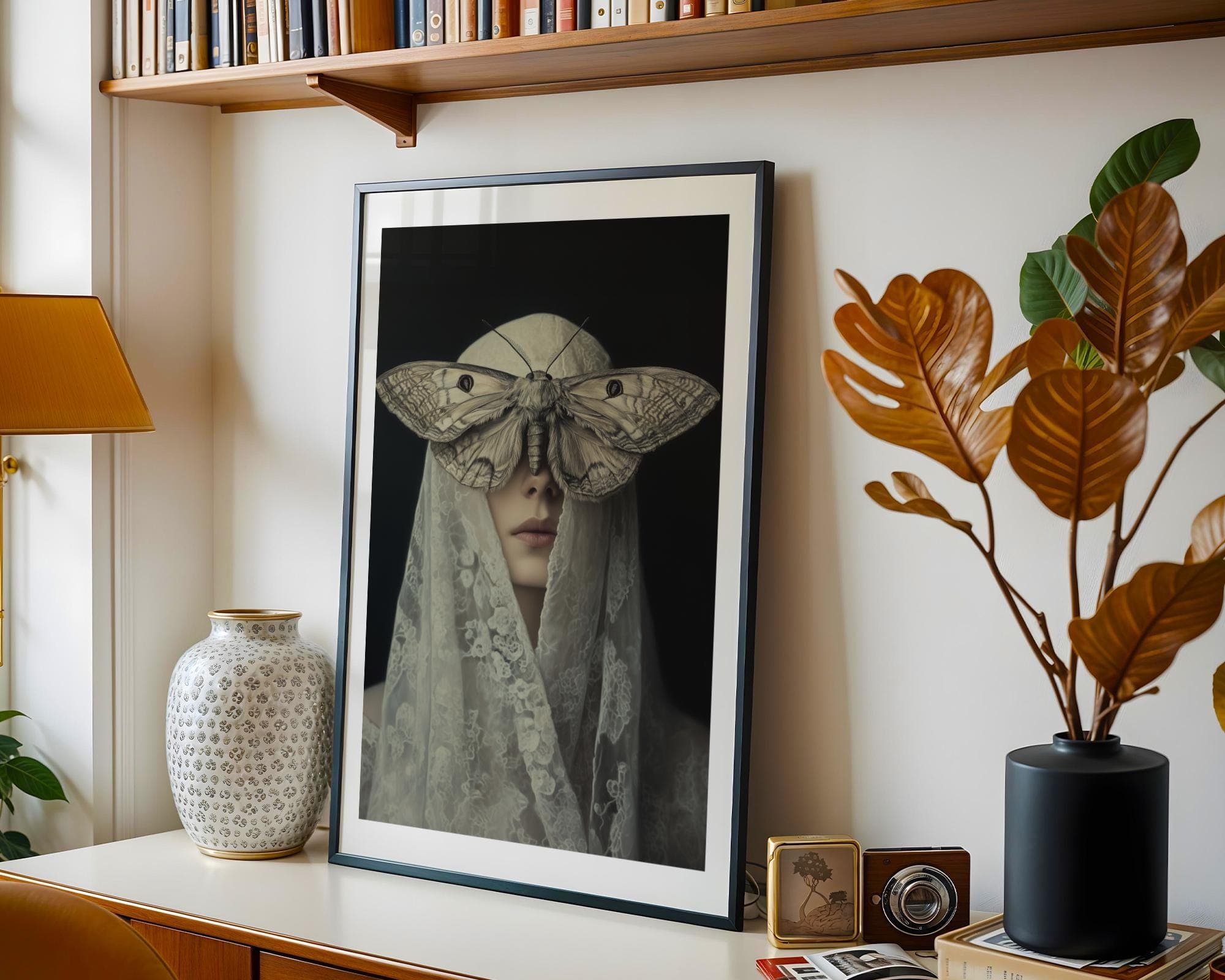 Veiled Woman Moth Art, Gothic Art Witchy Aesthetic, Dark Academia, Occult Poster Gothic Decor, Moody Wall Art, Halloween Art, Dark Romance - view 2