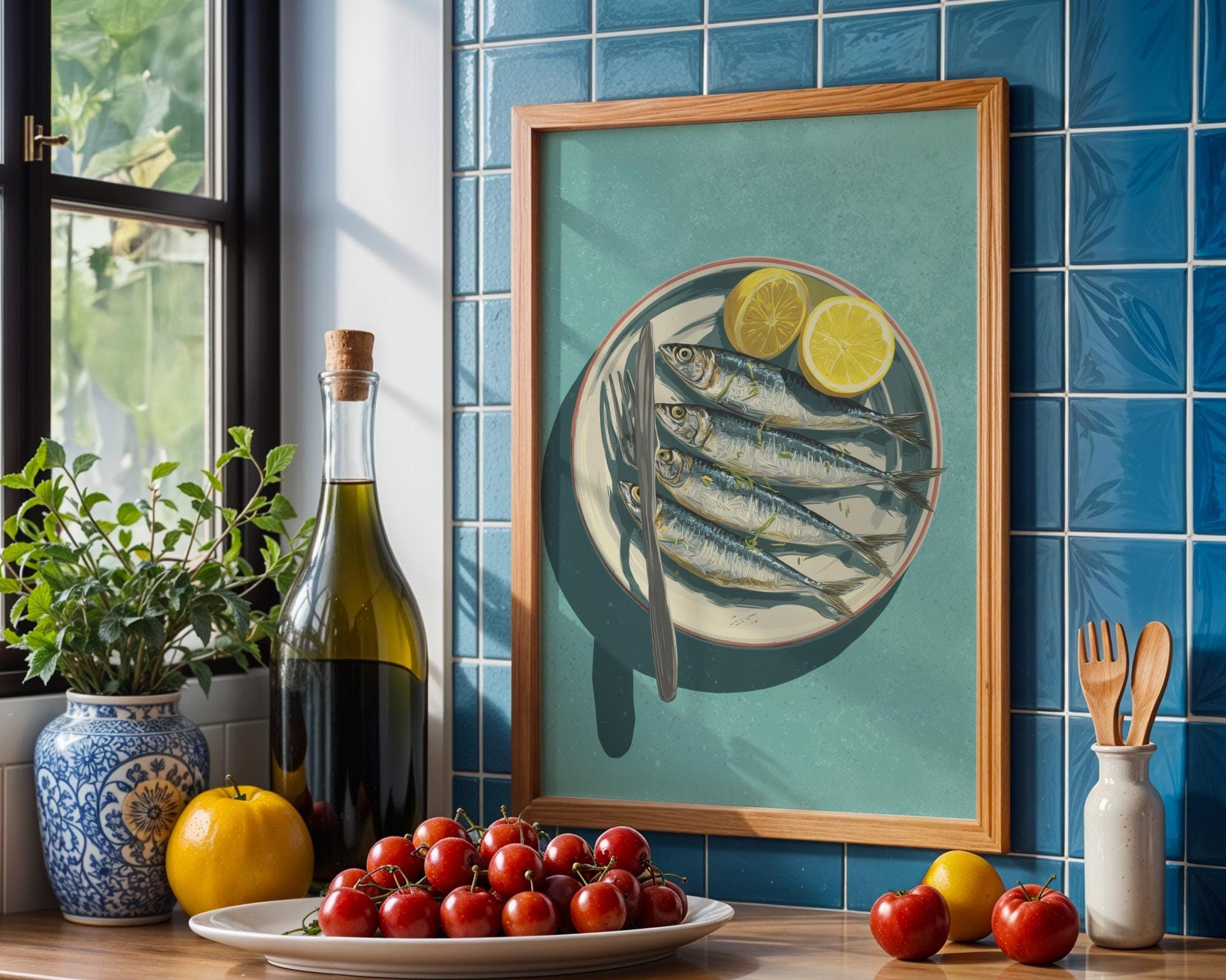 Mediterranean Sardine Plate ā Rustic Coastal Kitchen Art, Mediterranean Coastal Wall Print, Sardines Painting, Digital Download, Sardine Art - view 3