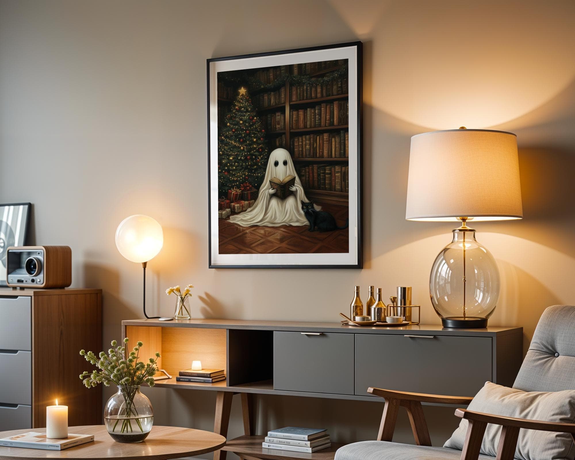 Ghost and Black Cat Wall Art, Spooky Christmas Decor, Whimsical Holiday Wall Art, Halloween and Christmas Art, Digital Download, Ghost Art - view 6