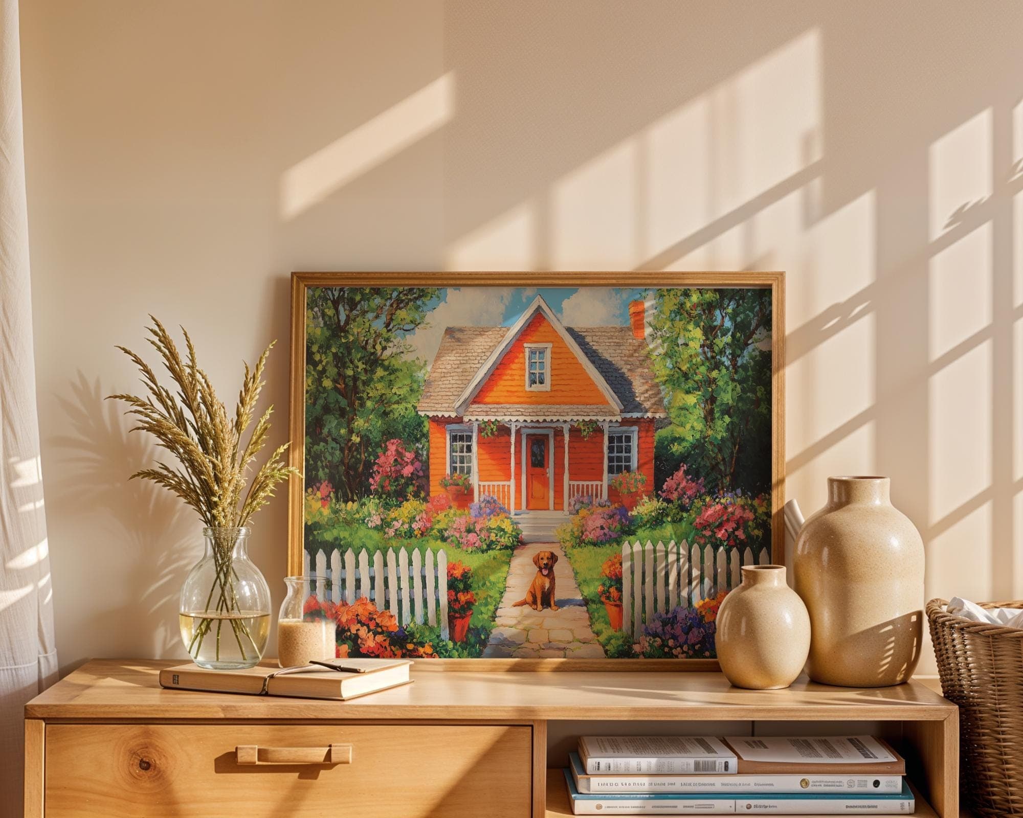 Colorful Garden House Painting, Garden Cottage Wall Art, Cottagecore Dog Poster, Rustic Home Floral Print, Colorful Floral Garden Print - view 2