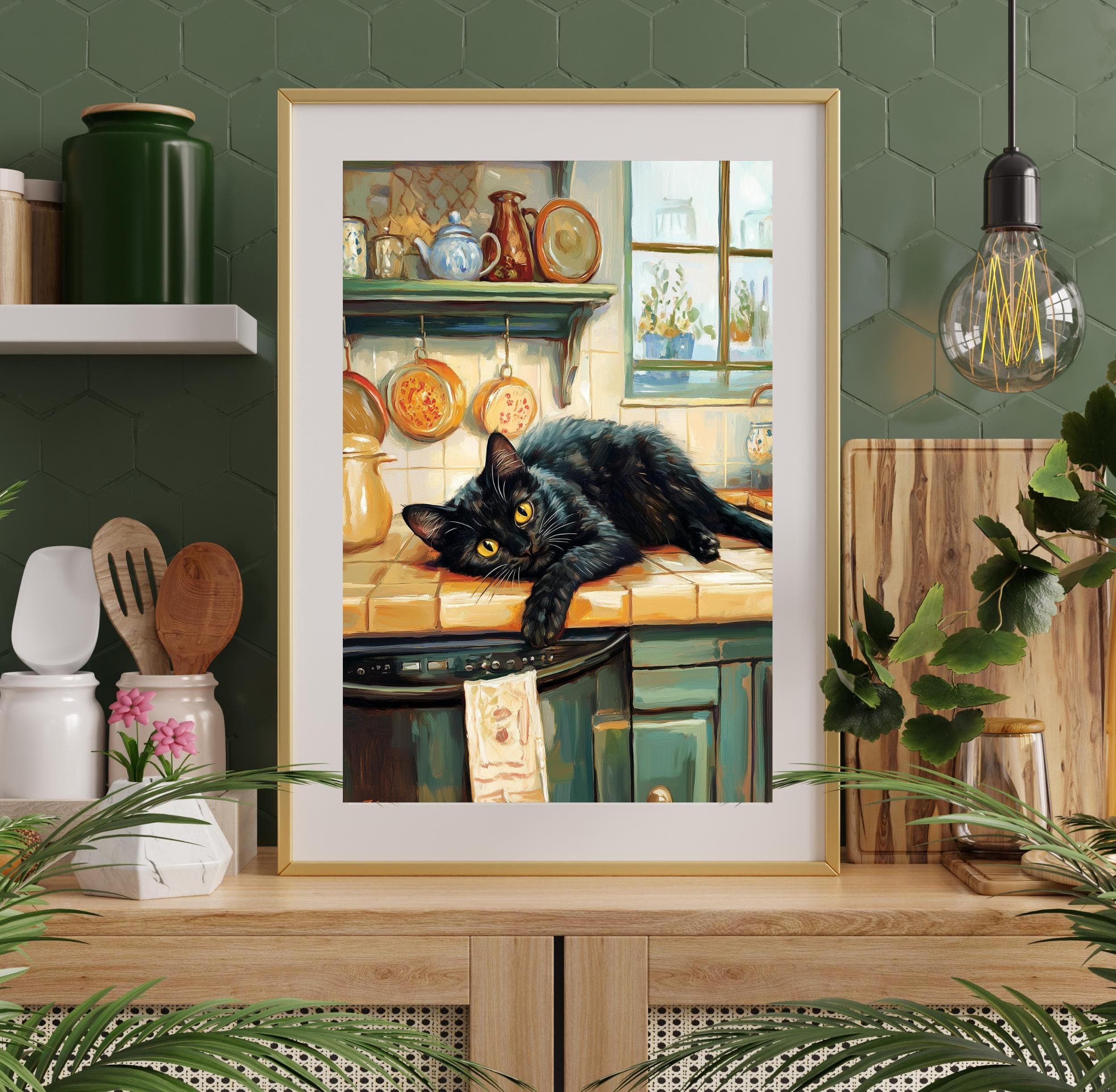 Cozy Kitchen Art, Black Cat Painting, Rustic Home Decor, Black Cat Painting, Farmhouse Kitchen Wall Art, Whimsical Black Cat Art, Cat Poster - view 2