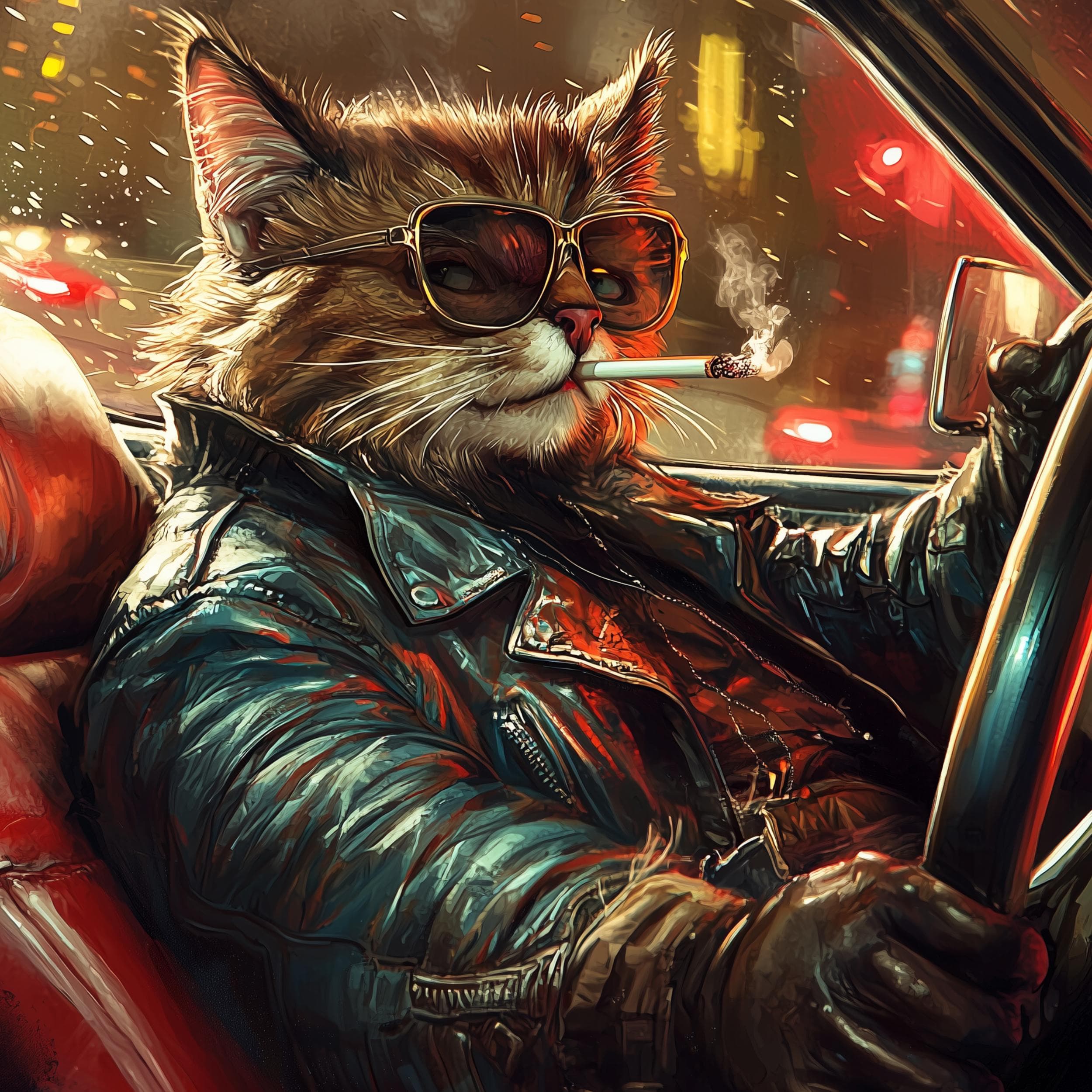 Retro Cool Cat Leather Jacket Print, Driving Car Wall Art (Digital Download) - view 2