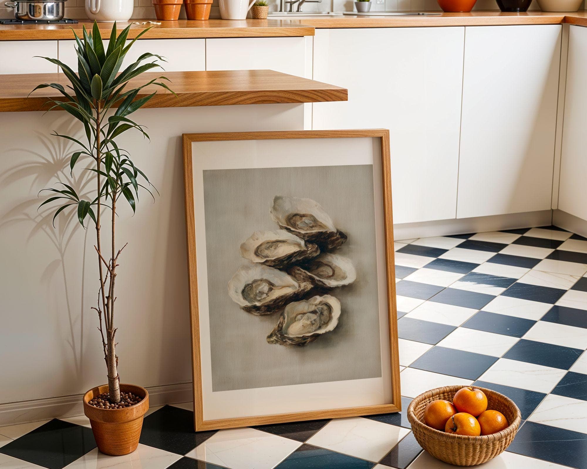 Oyster Wall Decor, Minimal Coastal Art Print, Oyster Still Life, Oyster Painting, Coastal Dining Room Decor, Oyster Canvas Art, Digital Art - view 4