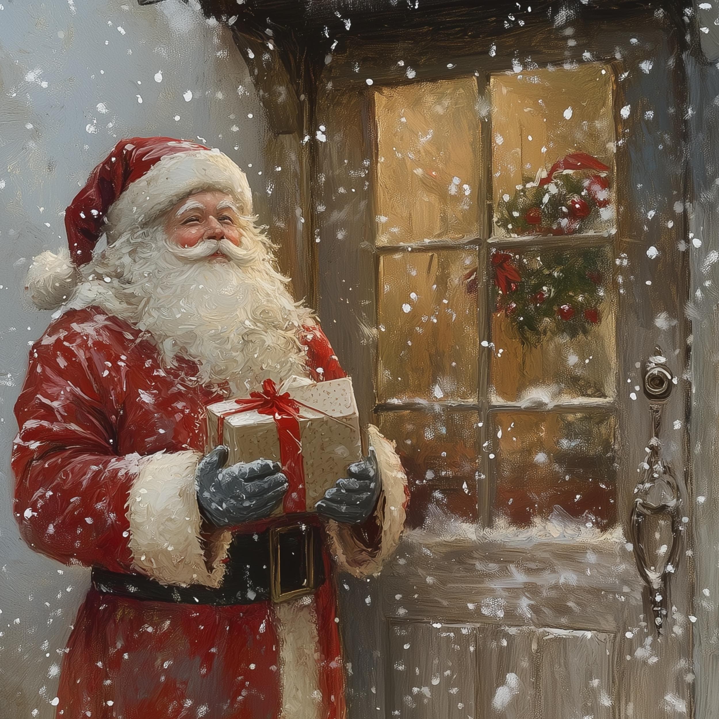 Santa with Gift at Door Art, Cozy Holiday Wall Canvas for Christmas, Rustic Santa Wall Art, Traditional Santa Claus Art, Digital Download - view 2