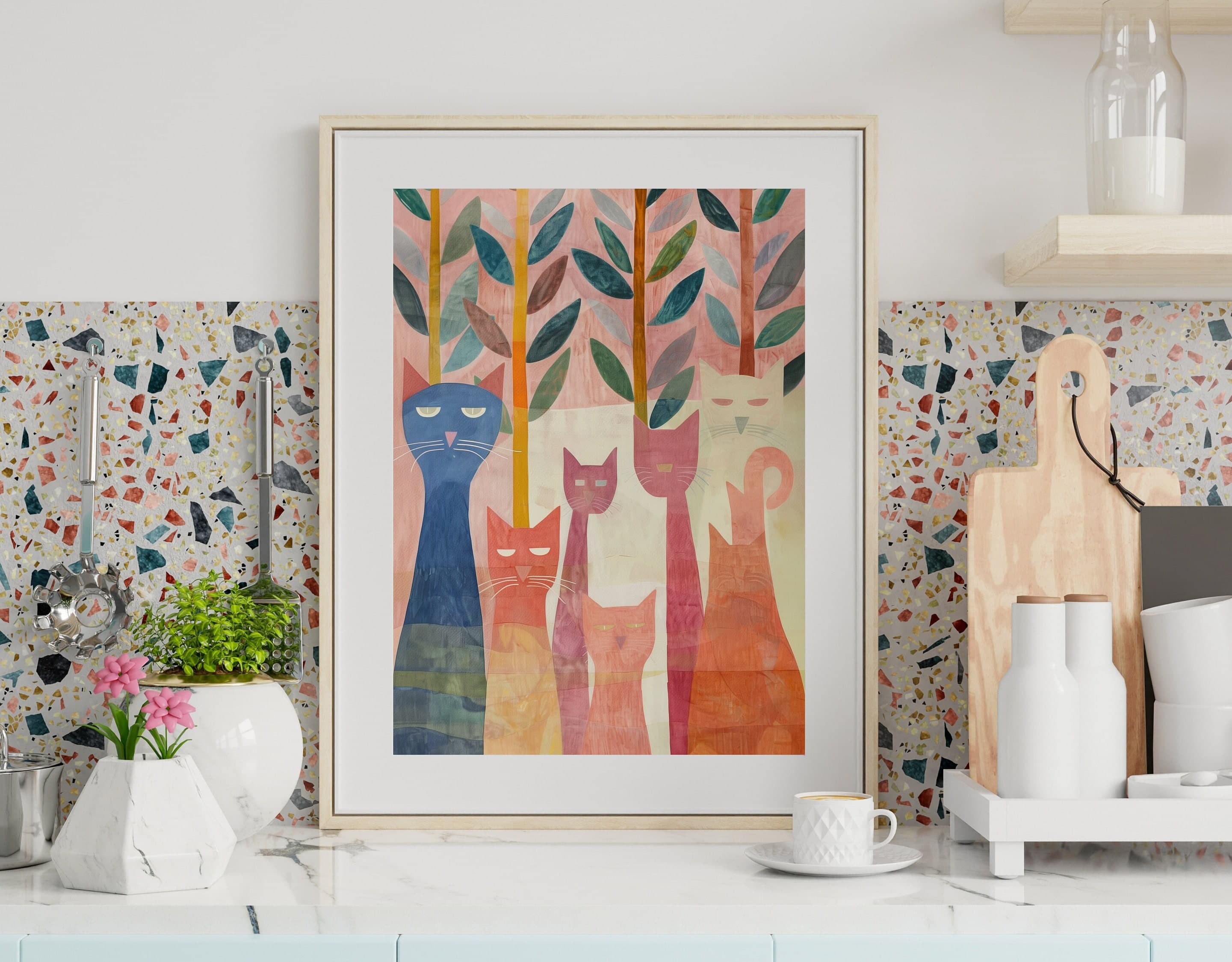 Colorful Cat Wall Art, Oil Painting, Trendy Cute Apartment Decor, Cat Poster, Colorful Cat Poster, illustration art, Preppy Room Decor - view 3