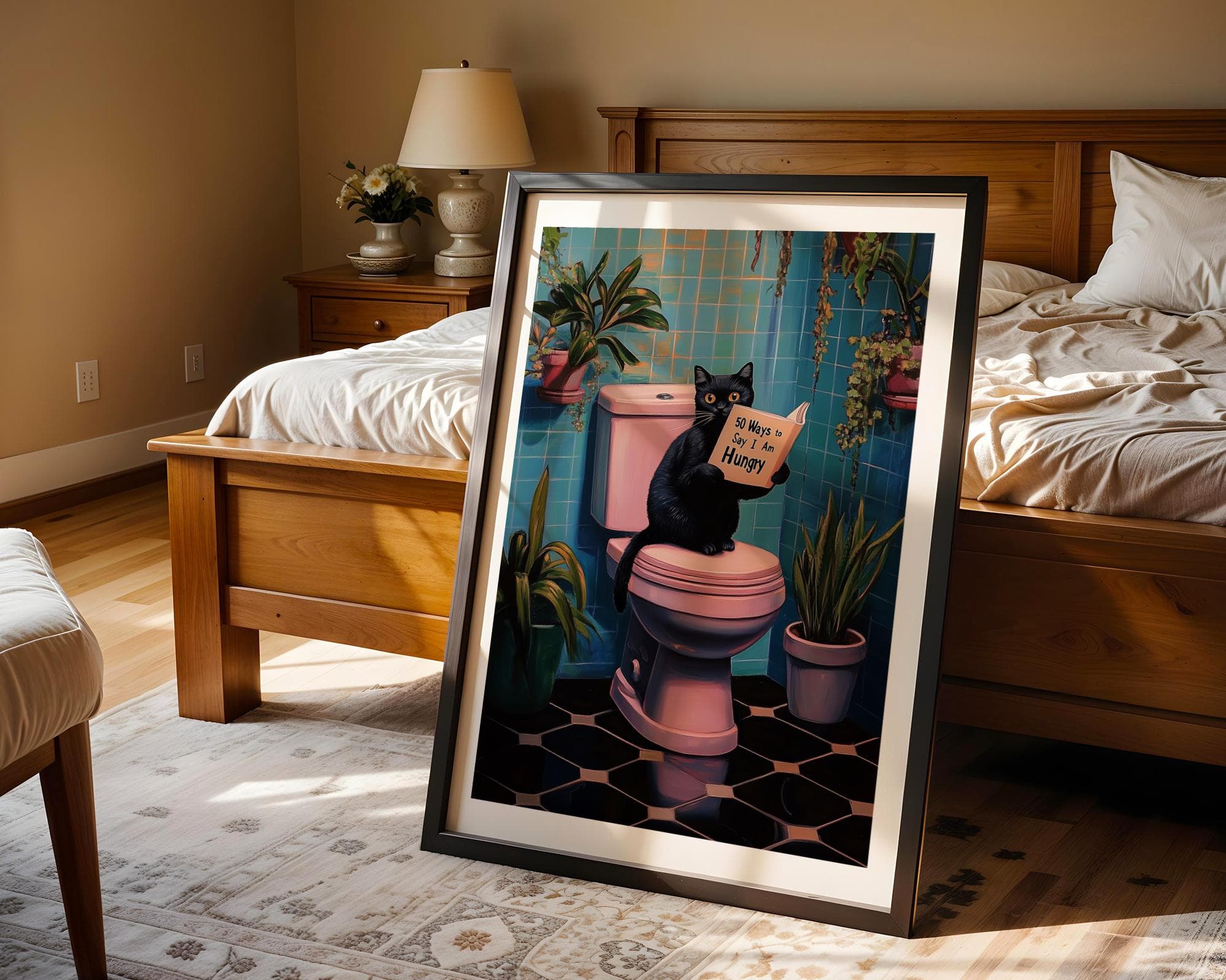 Black Cat on Toilet Print Funny Poster Wall Decor Pooping Print Pink Toilet Wall Art, 50 ways to say i am hungy poster, Quirky Cat Poster - view 6