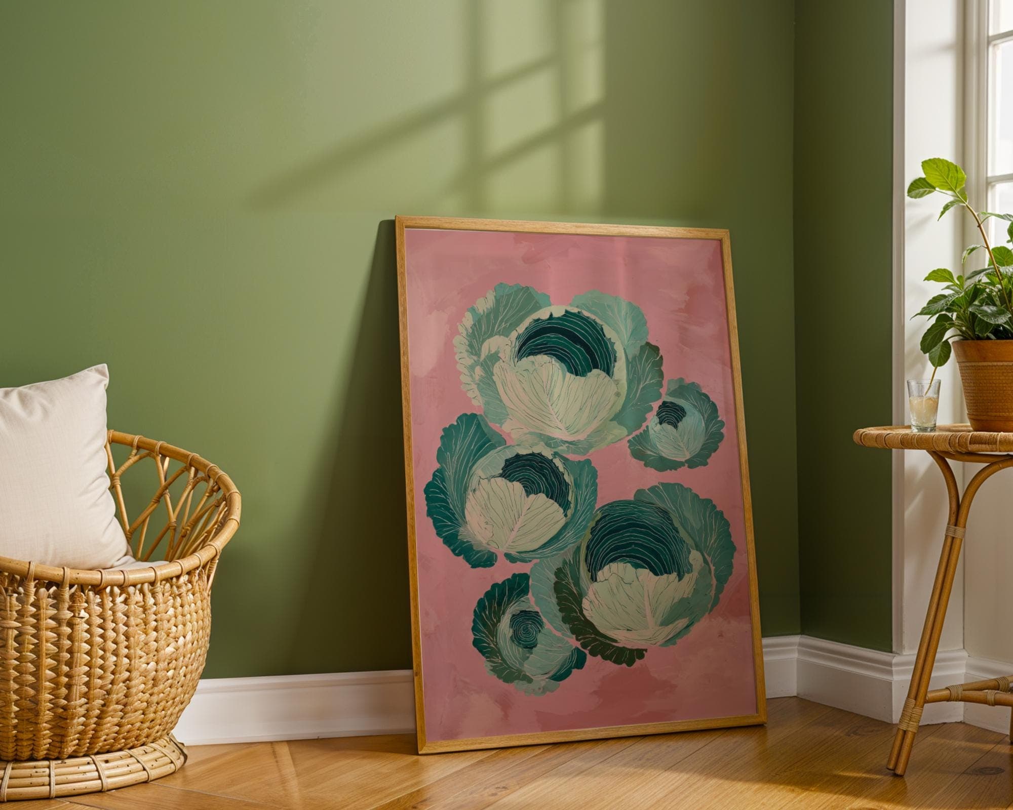 Green Cabbage Wall Art, Green Vegetable Print, Rustic Kitchen Decor, Pink Aesthetic Kitchen Decor, Digital Download, Vegetable Print - view 5