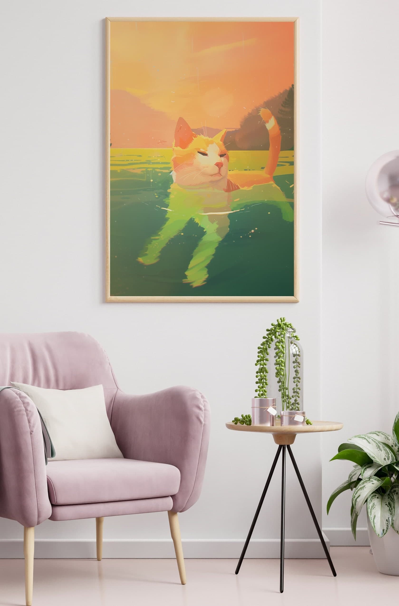 Ginger Cat Swimming Poster, Colorful Cat Wall Art, Unique Animal Art for Cat Lovers, International Cat Day, Cute Cat Art, Ginger Cat Poster - view 6