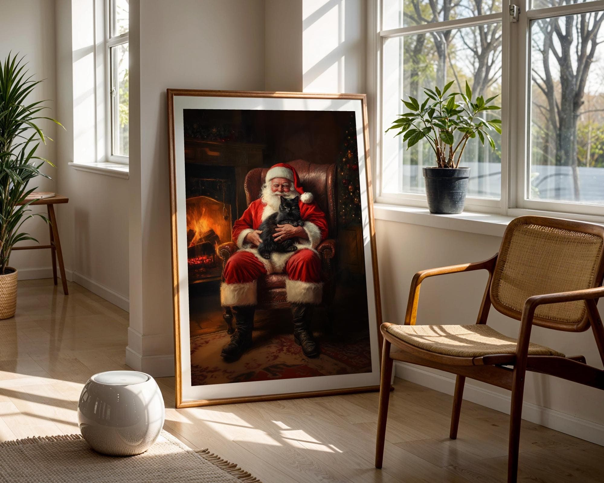 Santa Claus with Black Cat - Cozy Christmas Wall Art Print, Christmas Wall Decor, Whimsical Cat and Santa Claus Print, Digital Download - view 7