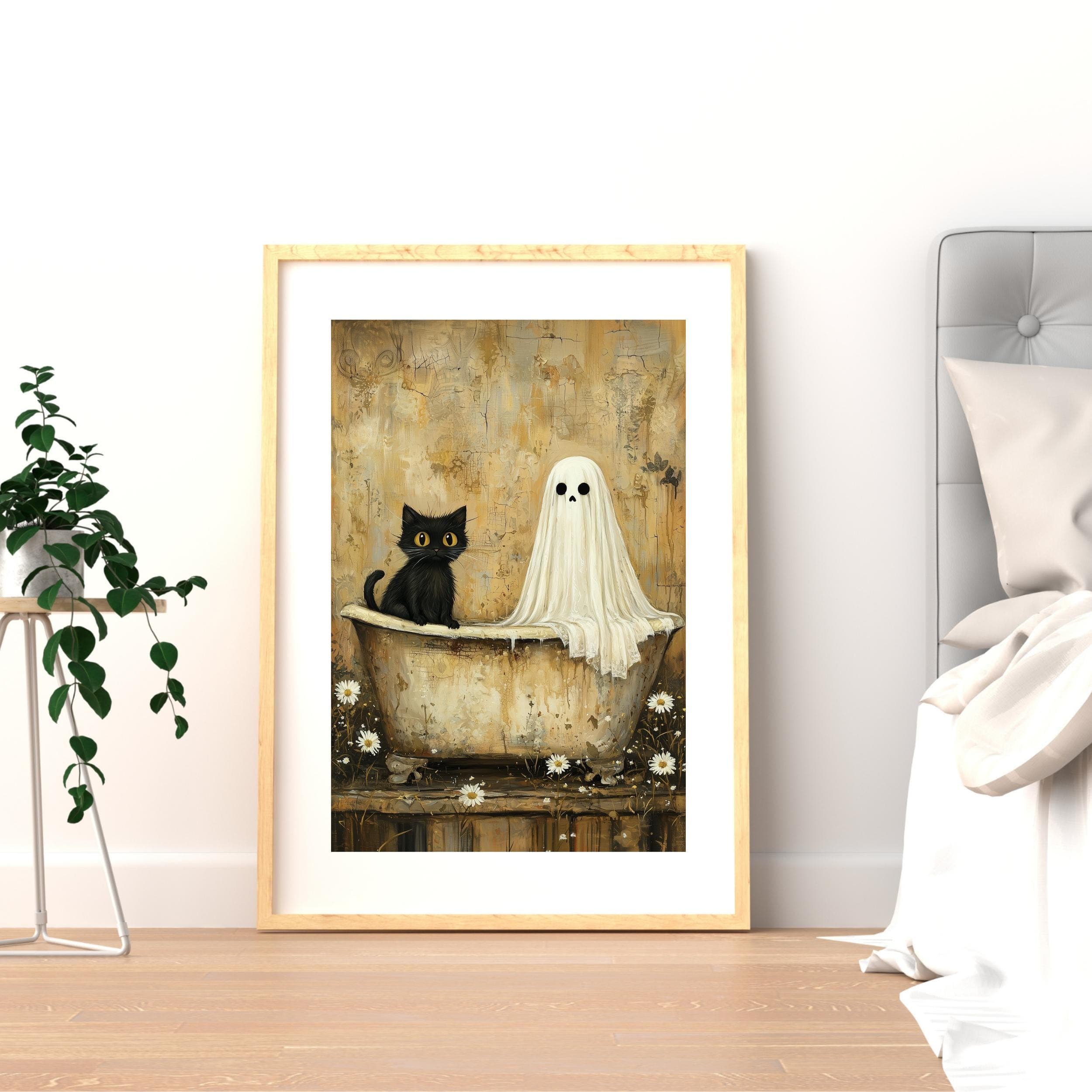 Ghost and black Cat in Bathtub, Spooky Romantic Halloween Art, Black Cat Print, Whimsigoth Bathroom Decor, Whimsical Spooky Digital Print - view 6