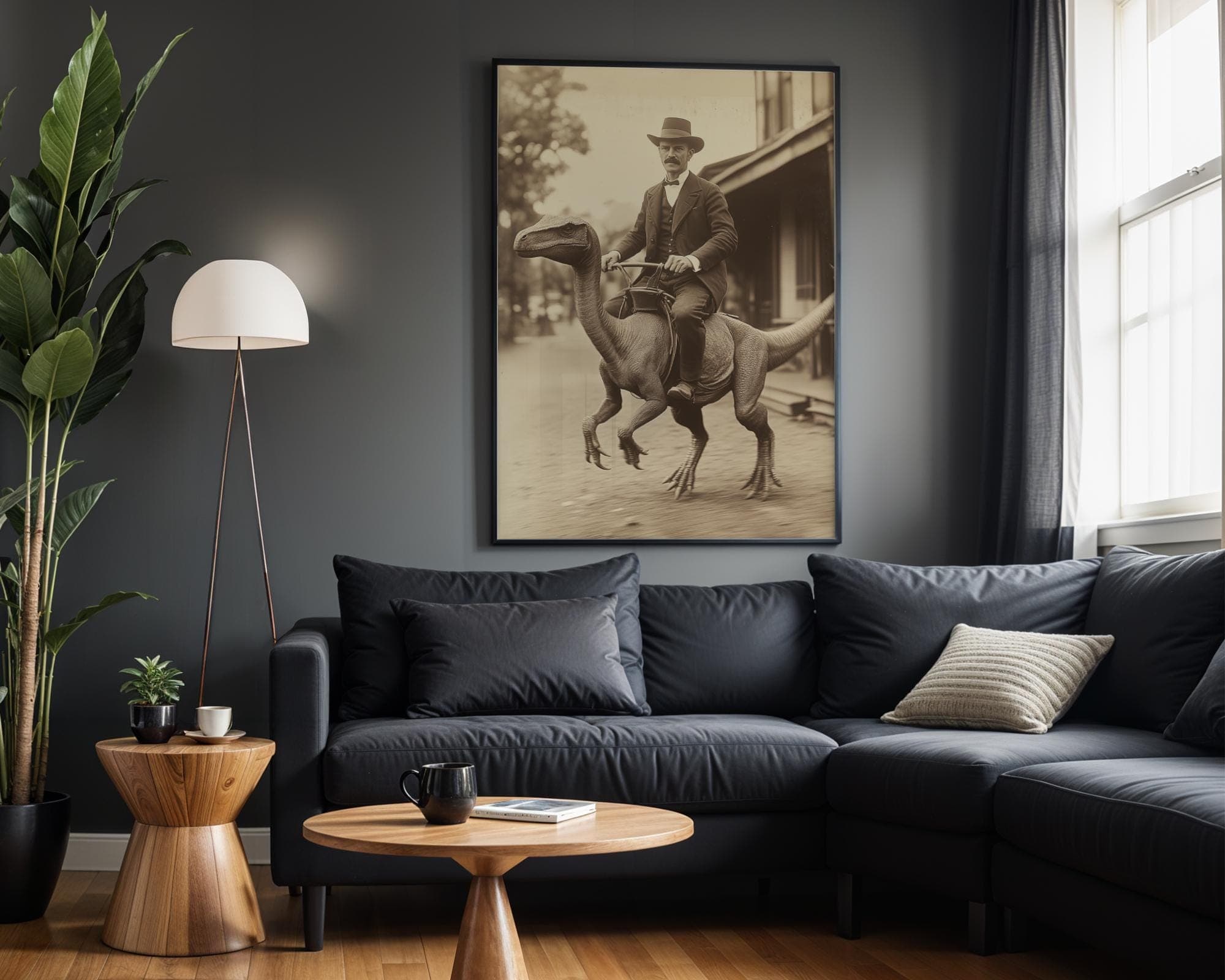Dapper Man Riding Dinosaur Art β Vintage Western Wall Decor, Office & Man Cave Decor, Retro Sci Fi Wall Art for Steampunk Decor, Western Art - view 7