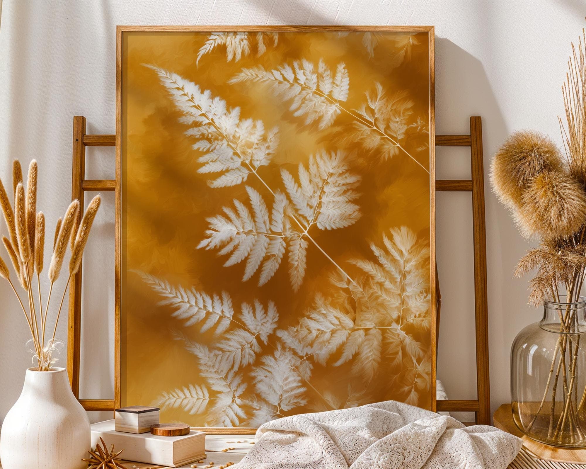 X Ray Botanical Fern Print on Gold Background Modern Leaf Wall Art, Botanical Print for Boho Living Room Decor, Modern Minimalist Nature Art - view 2