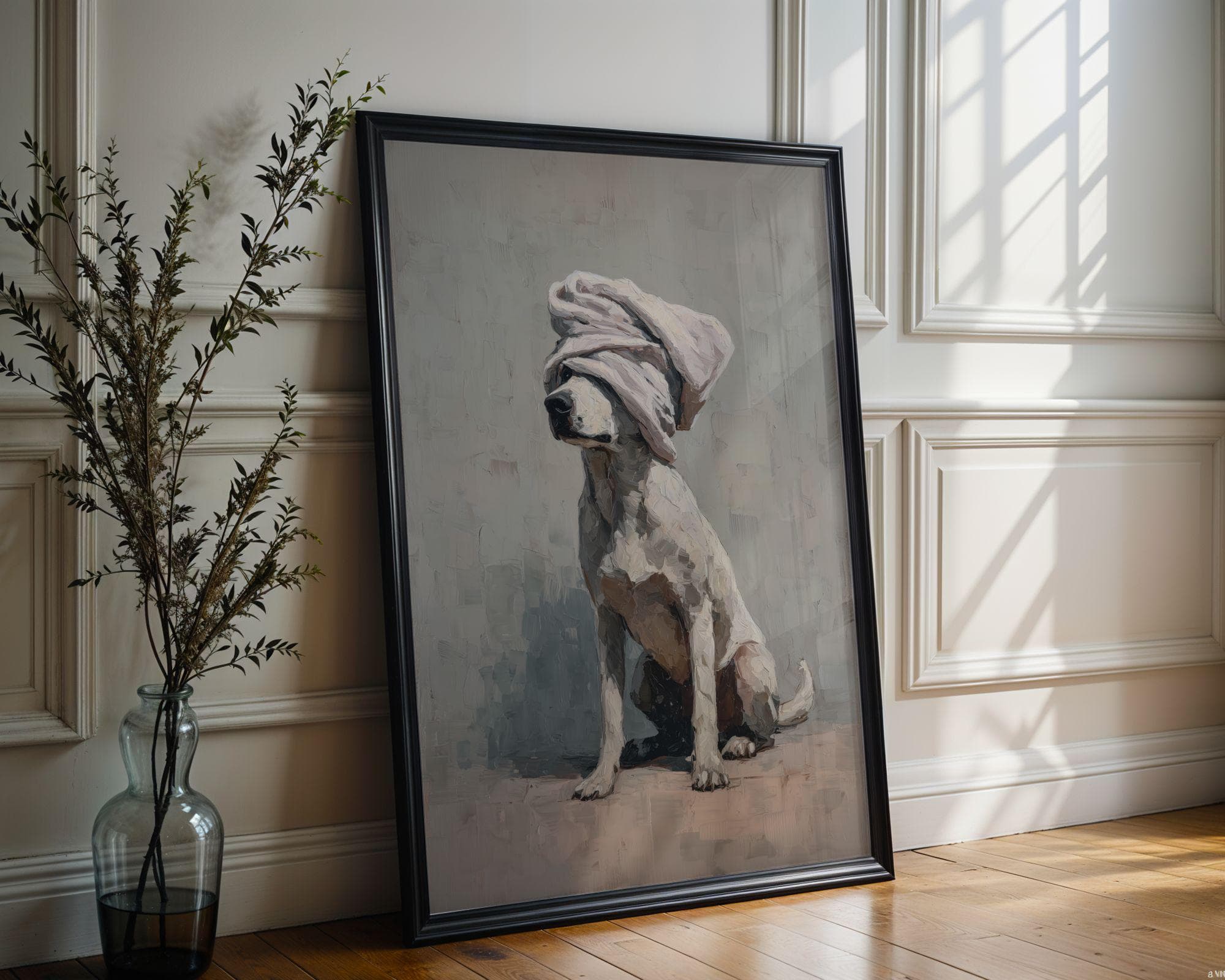 Cute Dog With Towel Wall Art, Funny Bathroom Dog Print, Neutral Dog Painting, Spa Decor Poster, Bathtub Wall Art, Whimsical Dog Wall Art - view 3