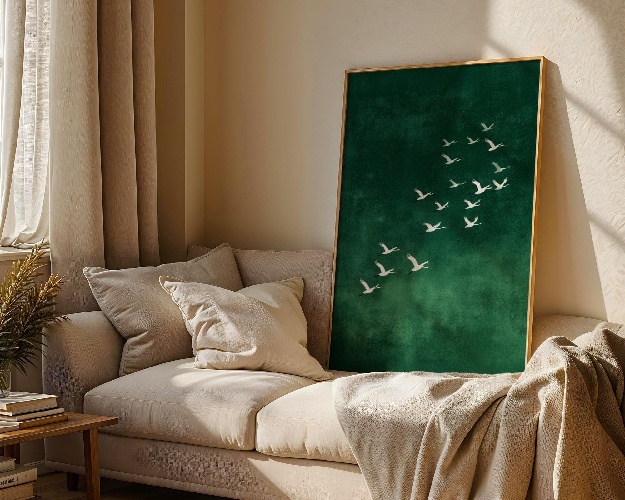 Minimalist White Crane Wall Art | Japandi Crane Print on Emareld Green Background, Minimalist Bird Wall Art, Tranquil Bird Print, Crane Art - view 5