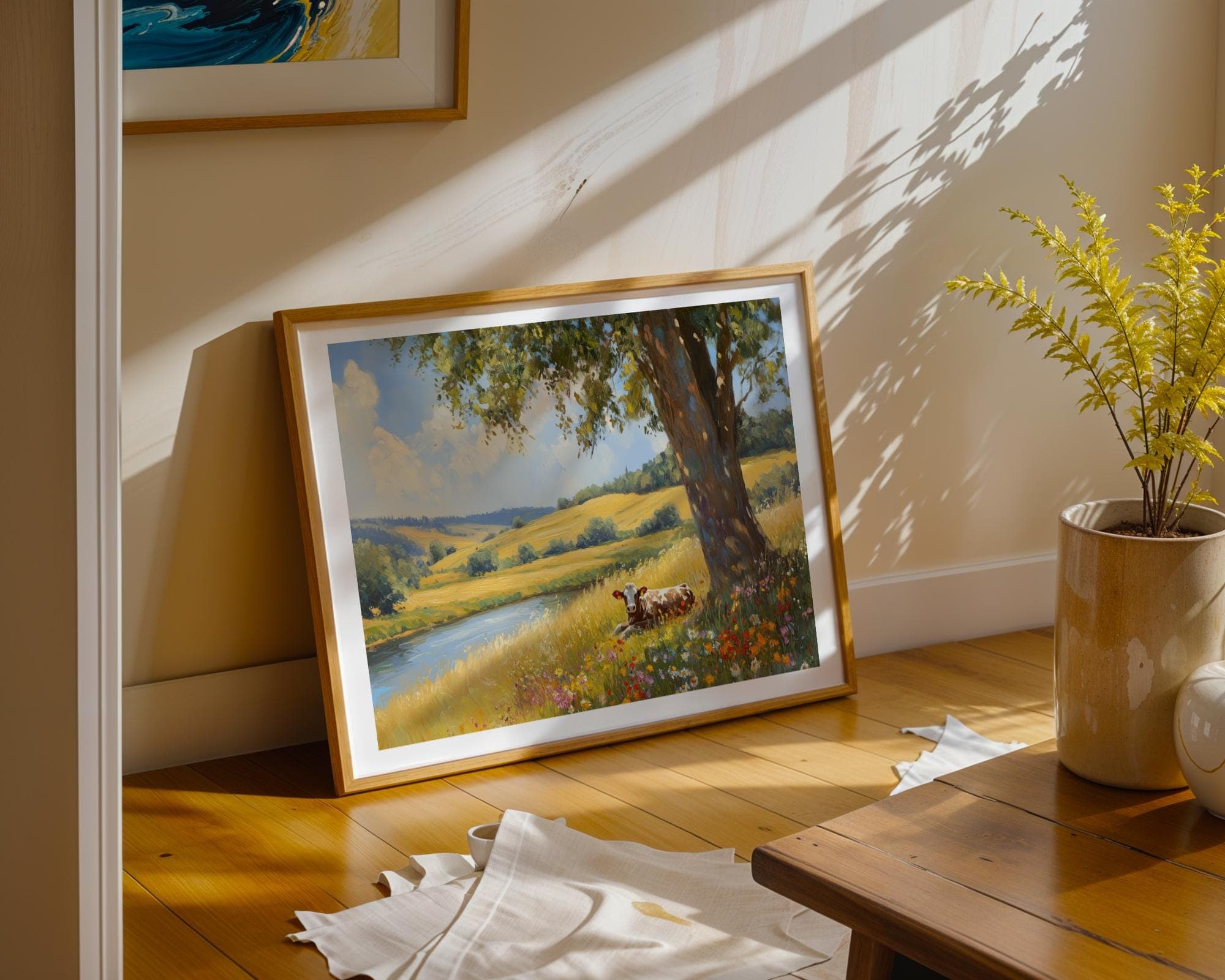 Pastoral Landscape Cow Wall Art, Peaceful River and Wildflower Field Painting, Country Wall Art Print, Country Cottage Art, Landscape Art - view 7