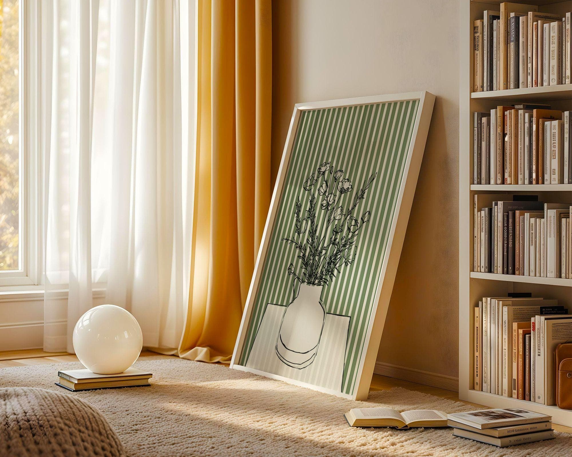 Minimal Botanical Line Art, Scandinavian Wall Decor, Minimal Flower Vase Print, Abstract Floral Line Art, Green Aesthetic Wall Art, Digital - view 4