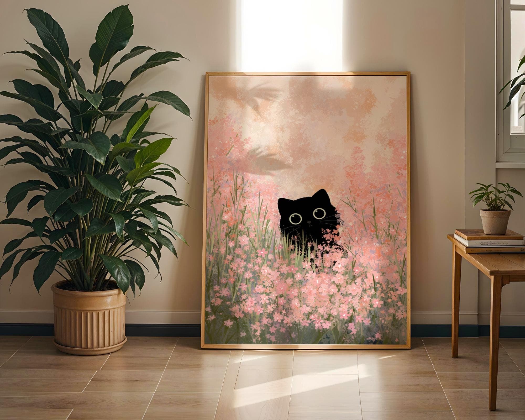 Black Cat in Pink Flower Field, Whimsical Animal Art, Floral Cat Wall Art, Black Cat Art Print, Whimsical Black Cat Painting, Black Cat Art - view 6