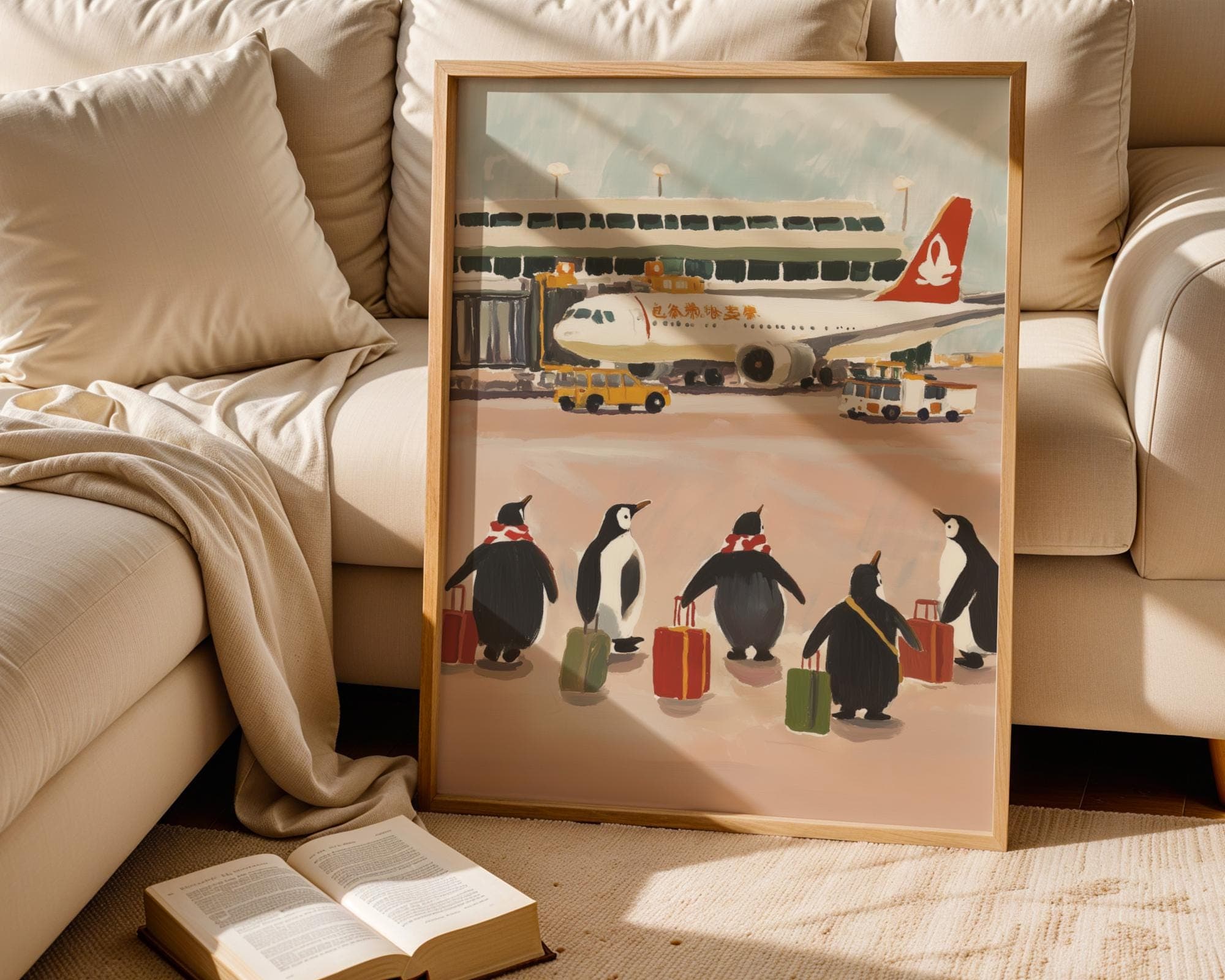 Penguin Travel Art Print, Funny Penguins at the Airport, Vintage Animal Poster, Quirky Travel Print, Quirky Penguin Art, Penguin Poster - view 2