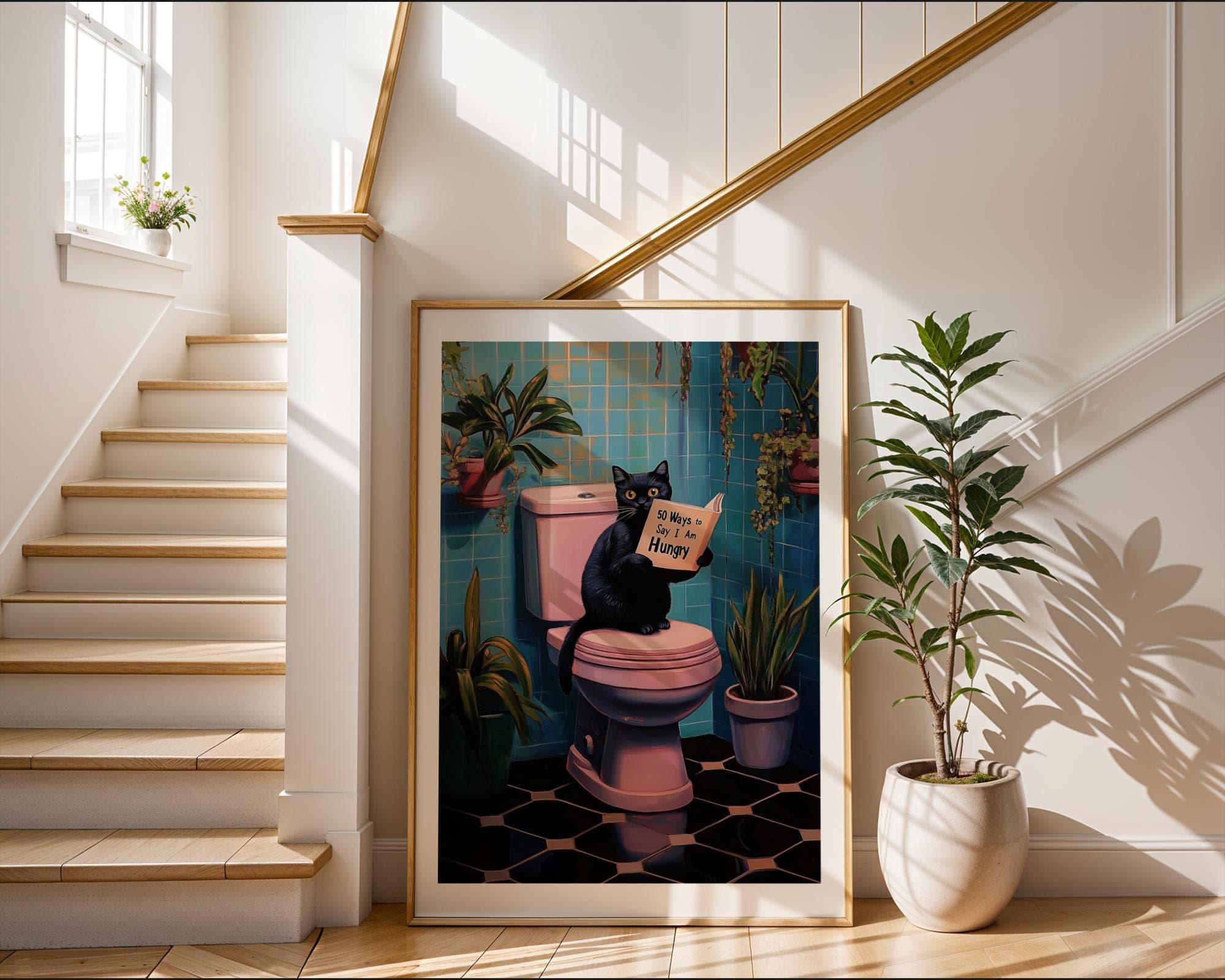 Black Cat on Toilet Print Funny Poster Wall Decor Pooping Print Pink Toilet Wall Art, 50 ways to say i am hungy poster, Quirky Cat Poster - view 4
