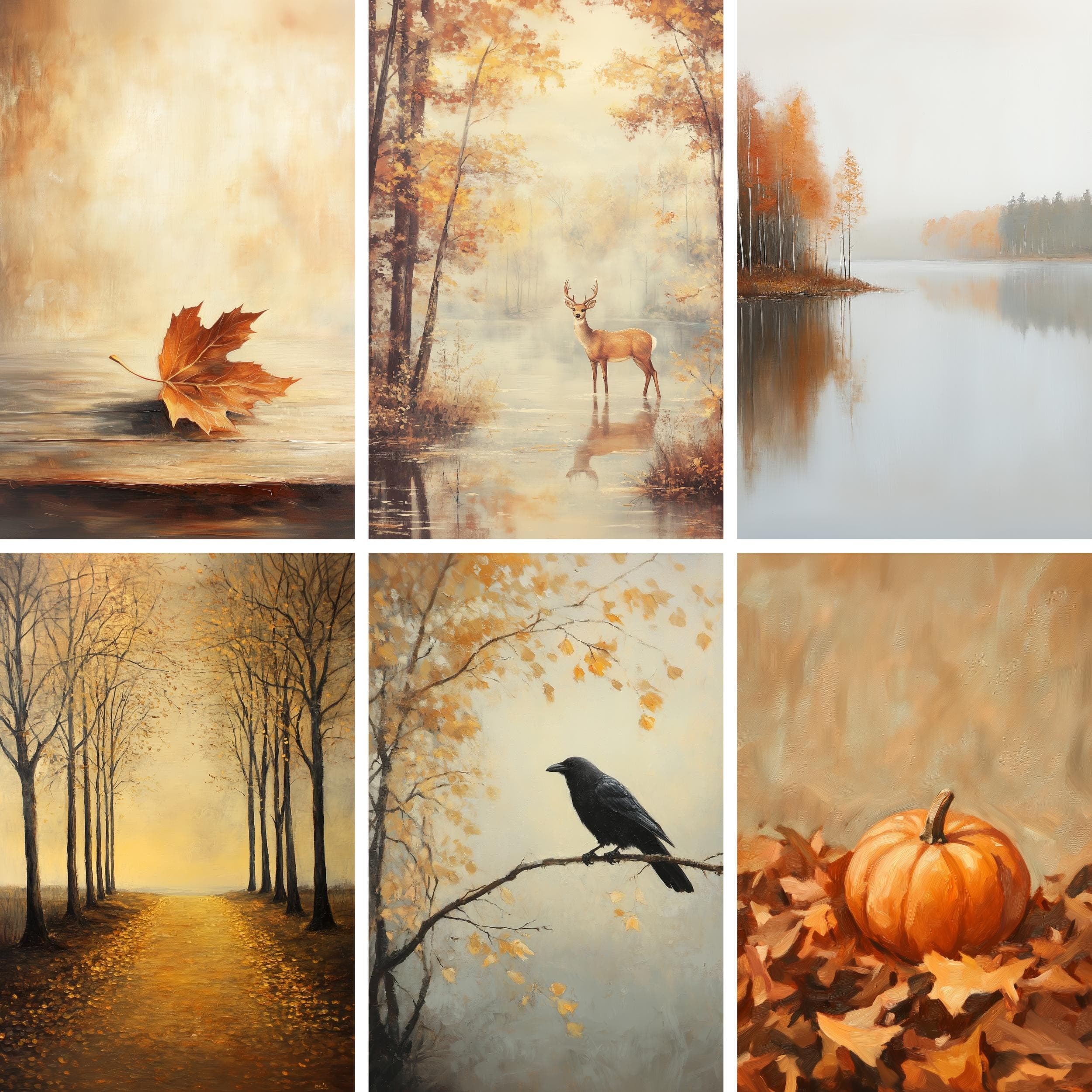 Autumn Wall Art, Woodland Nature Decor, Digital Download, Set of 6, Fall Nature Prints, Rustic Decor, Pumpkin, Deer, Forest Path, Lake Art - view 7