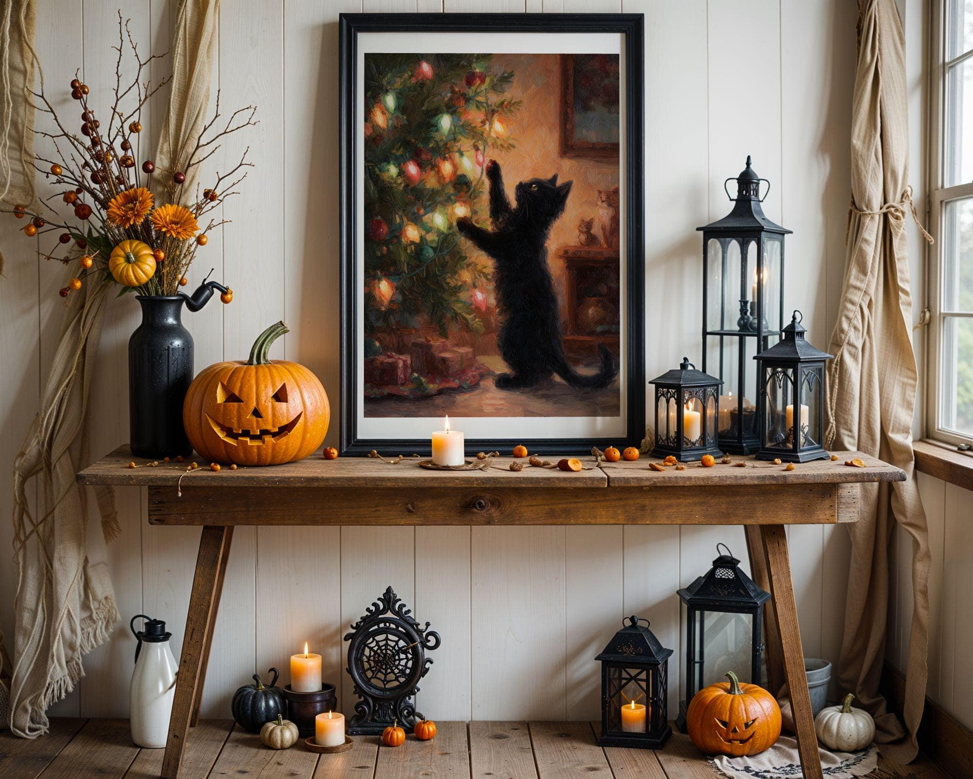 Black Cat Christmas Art Print, Christmas Cat Wall Art, Festive Black Cat Christmas Poster, Festive Oil Painting Print, Digital Download - view 5